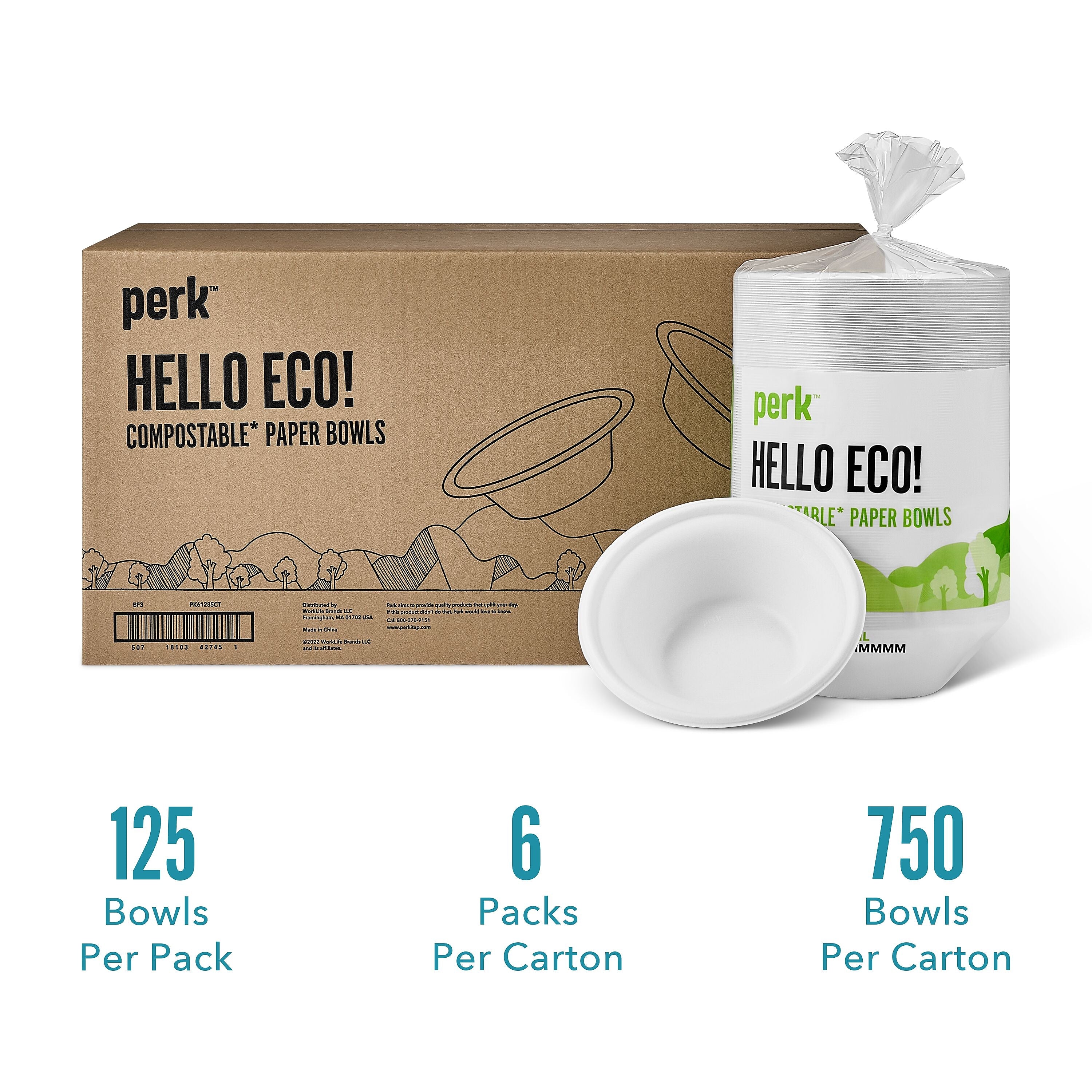 Perk™ Compostable Paper Bowls, 12 Oz., White, 750/Carton