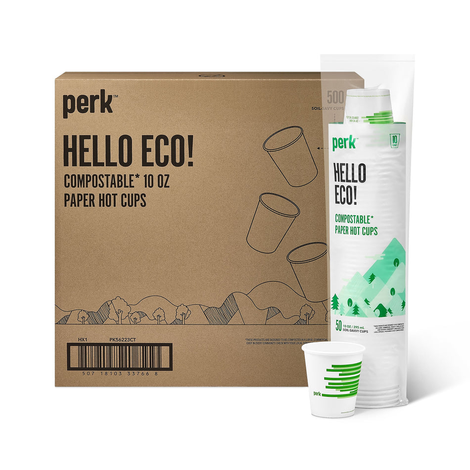 Perk™ Compostable Paper Hot Cup, 10 Oz., White/Green, 500/Carton