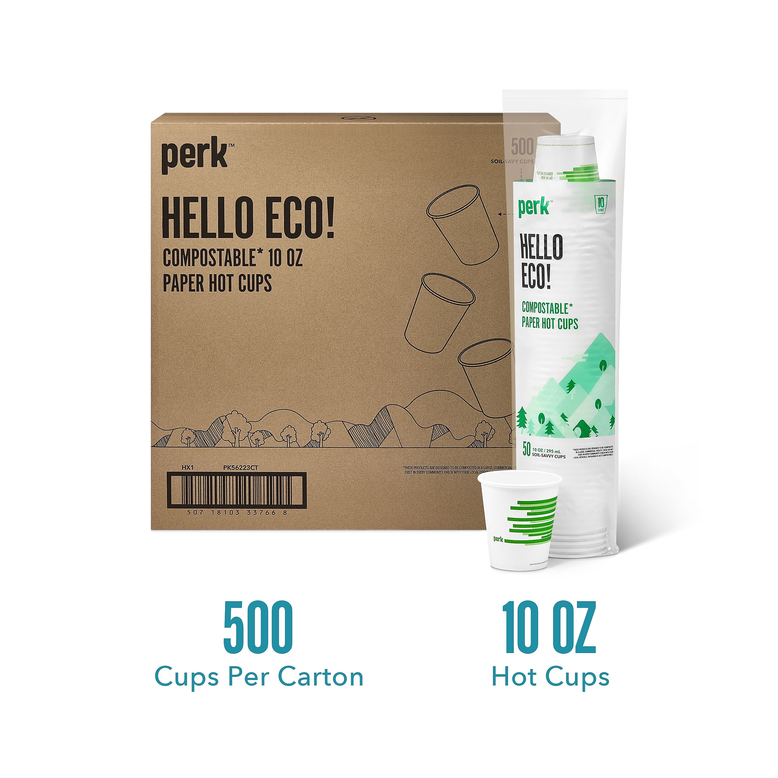 Perk™ Compostable Paper Hot Cup, 10 Oz., White/Green, 500/Carton