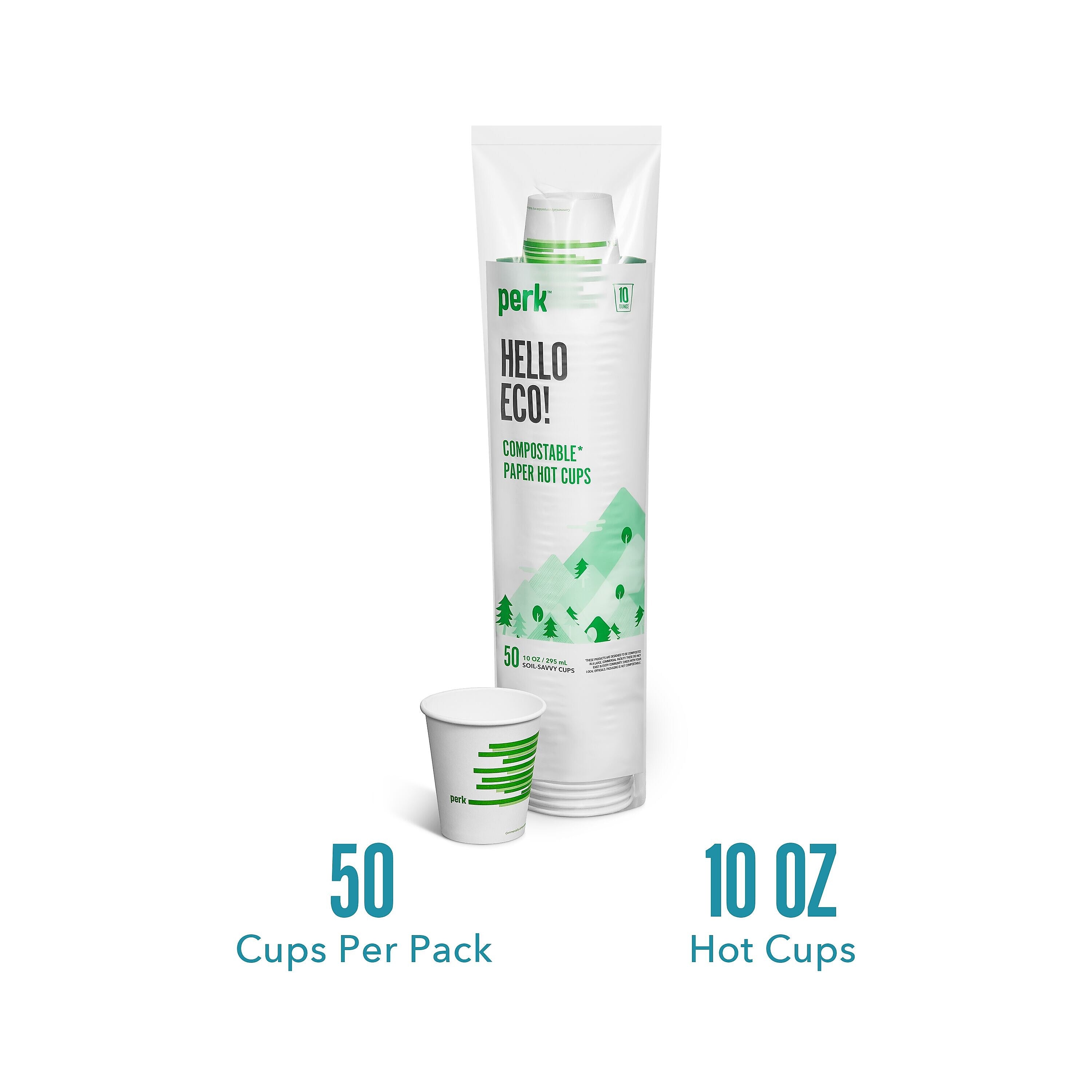 Perk™ Compostable Paper Hot Cup, 10 Oz., White/Green, 50/Pack