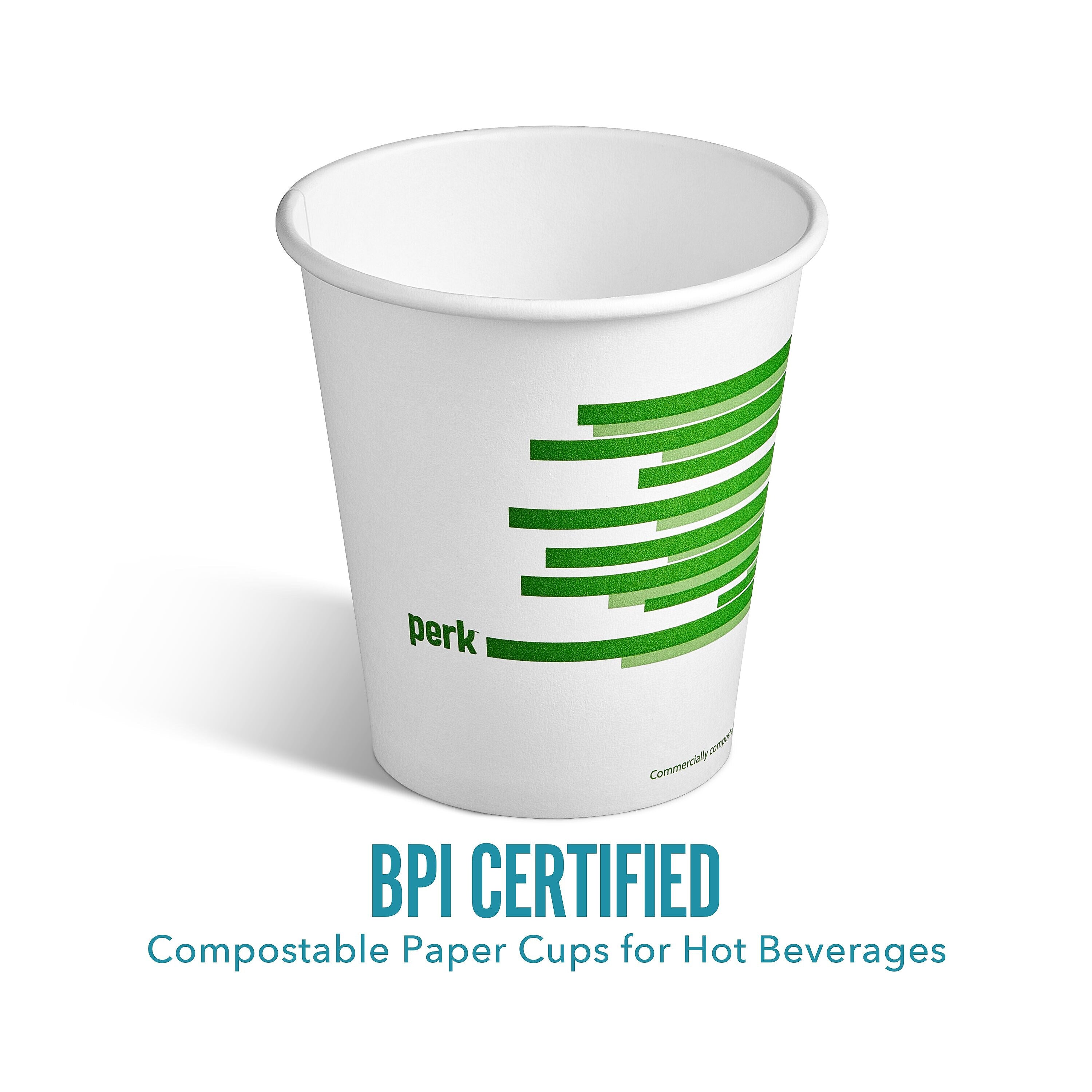Perk™ Compostable Paper Hot Cup, 10 Oz., White/Green, 50/Pack