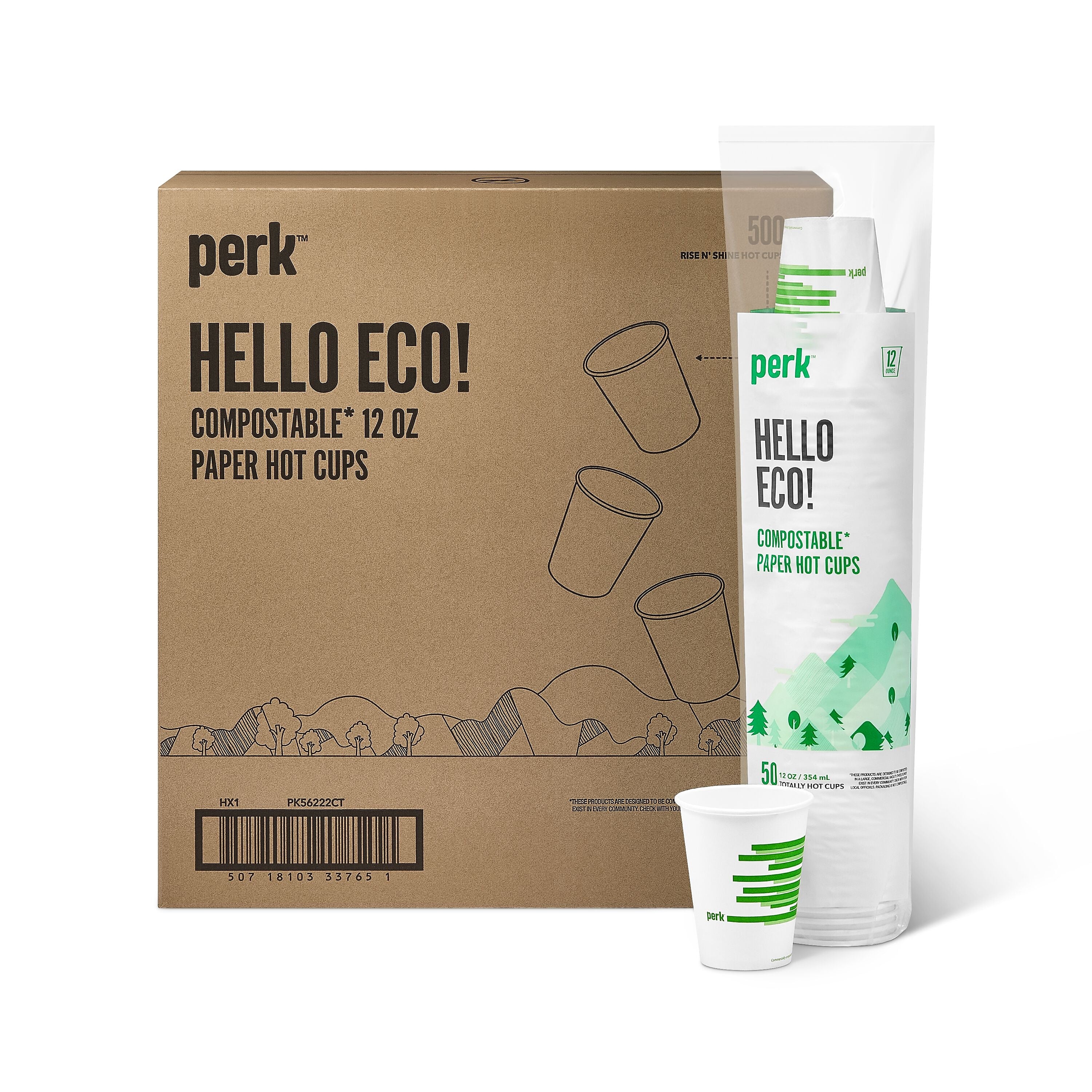 Perk™ Compostable Paper Hot Cup, 12 Oz., White/Green, 500/Carton
