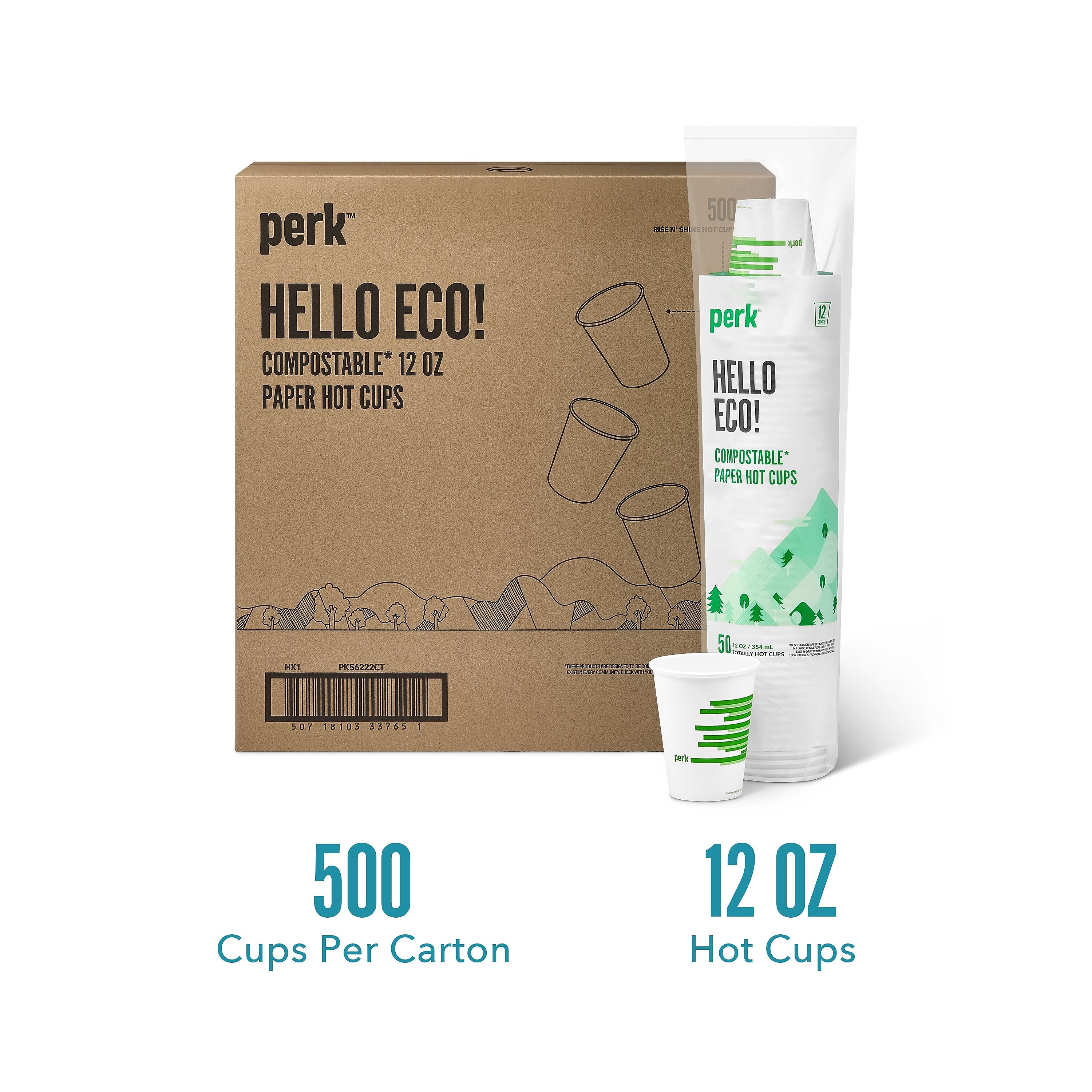 Perk™ Compostable Paper Hot Cup, 12 Oz., White/Green, 500/Carton
