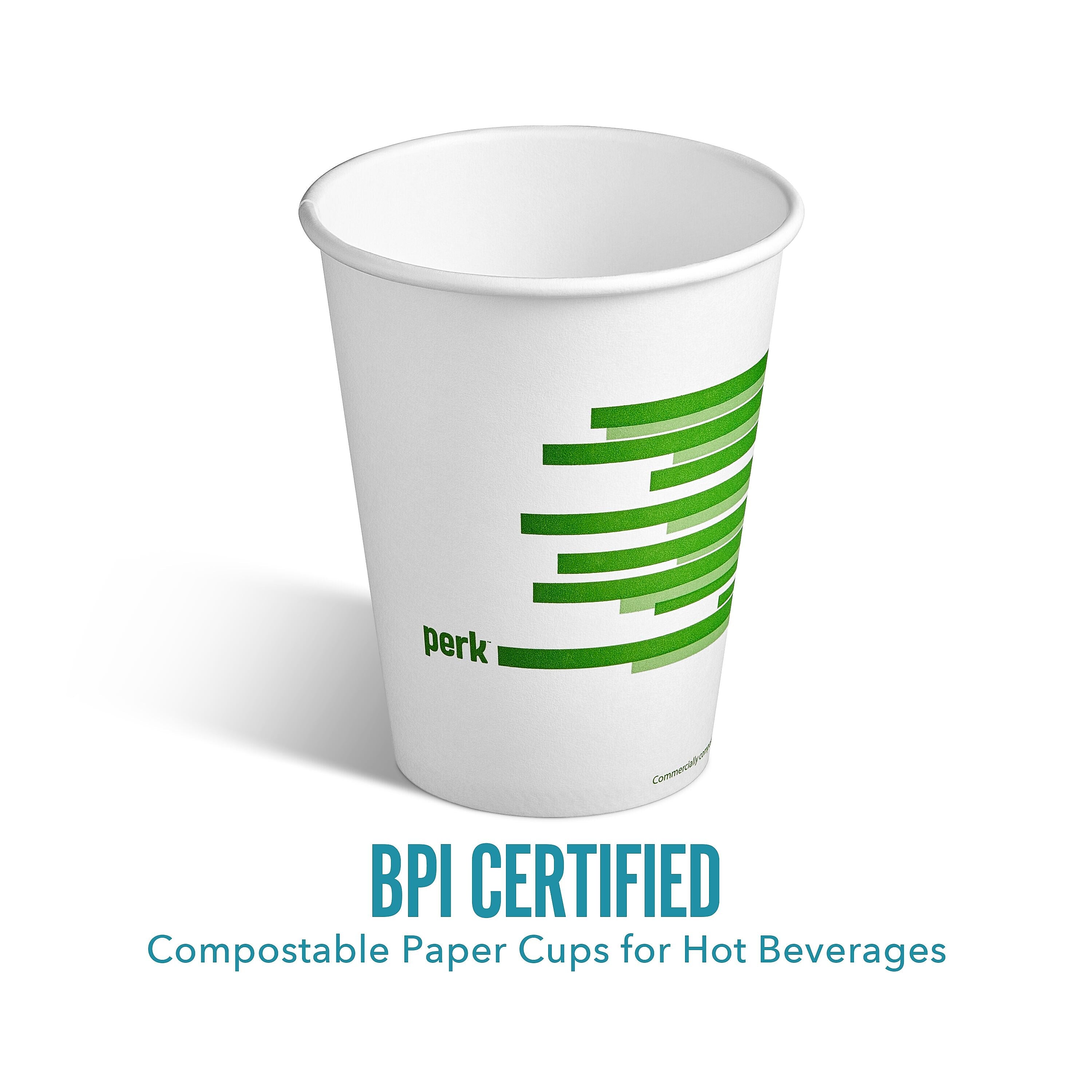 Perk™ Compostable Paper Hot Cup, 12 Oz., White/Green, 500/Carton