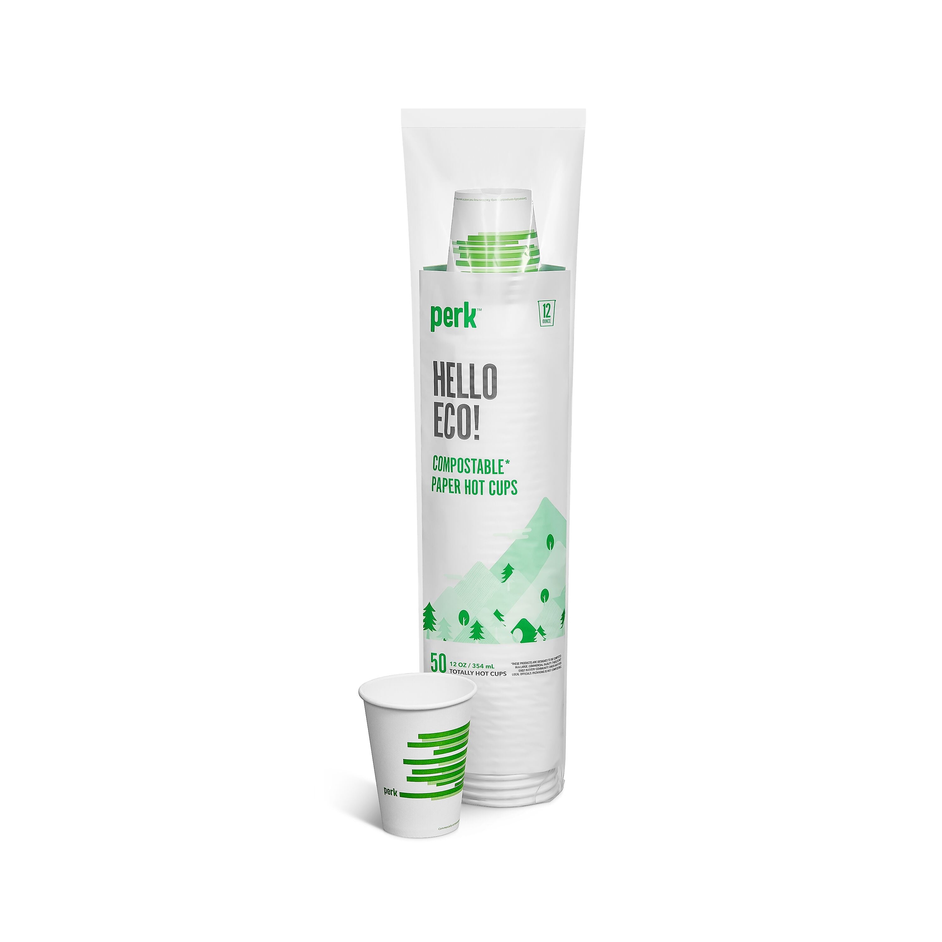 Perk™ Compostable Paper Hot Cup, 12 Oz., White/Green, 50/Pack