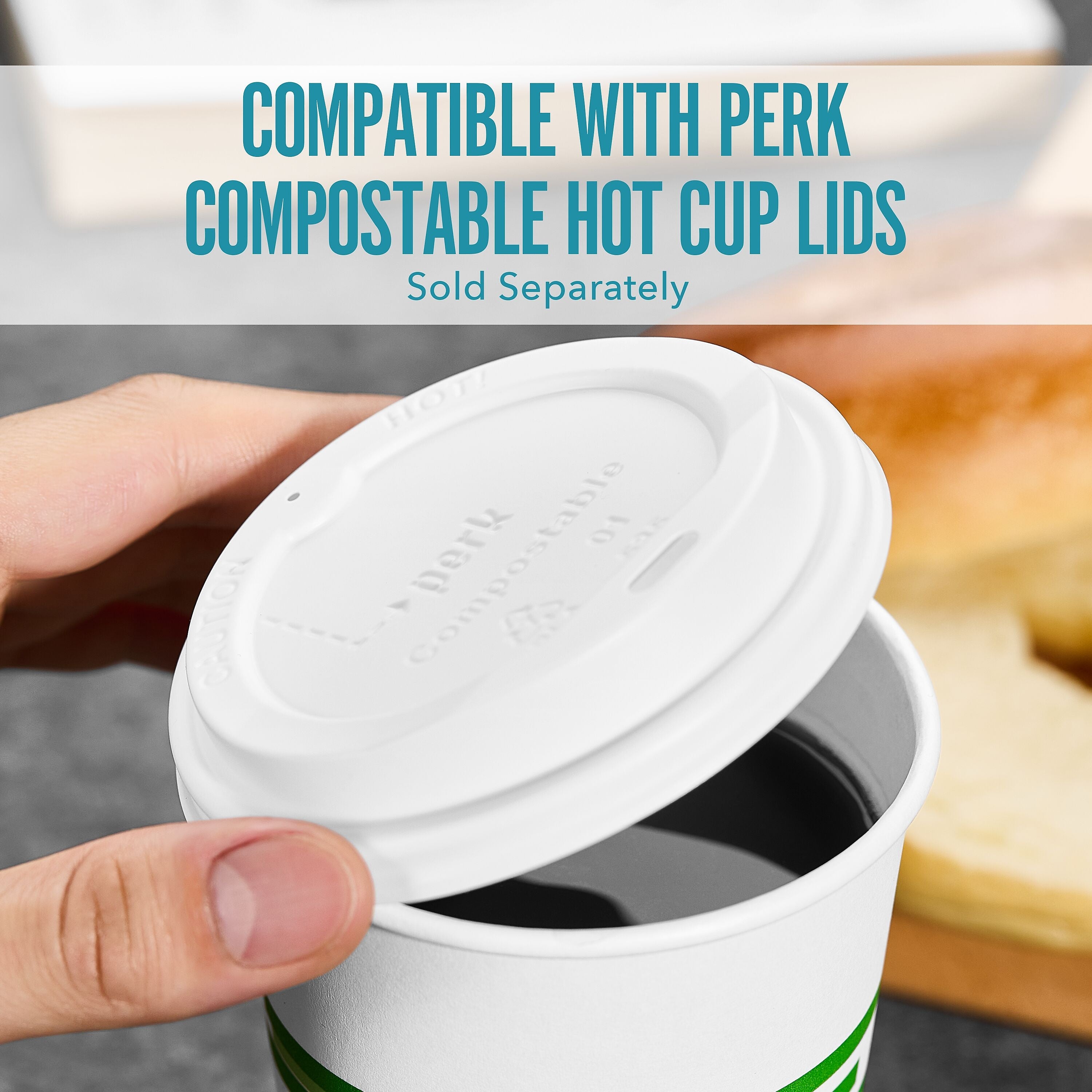 Perk™ Compostable Paper Hot Cup, 12 Oz., White/Green, 50/Pack
