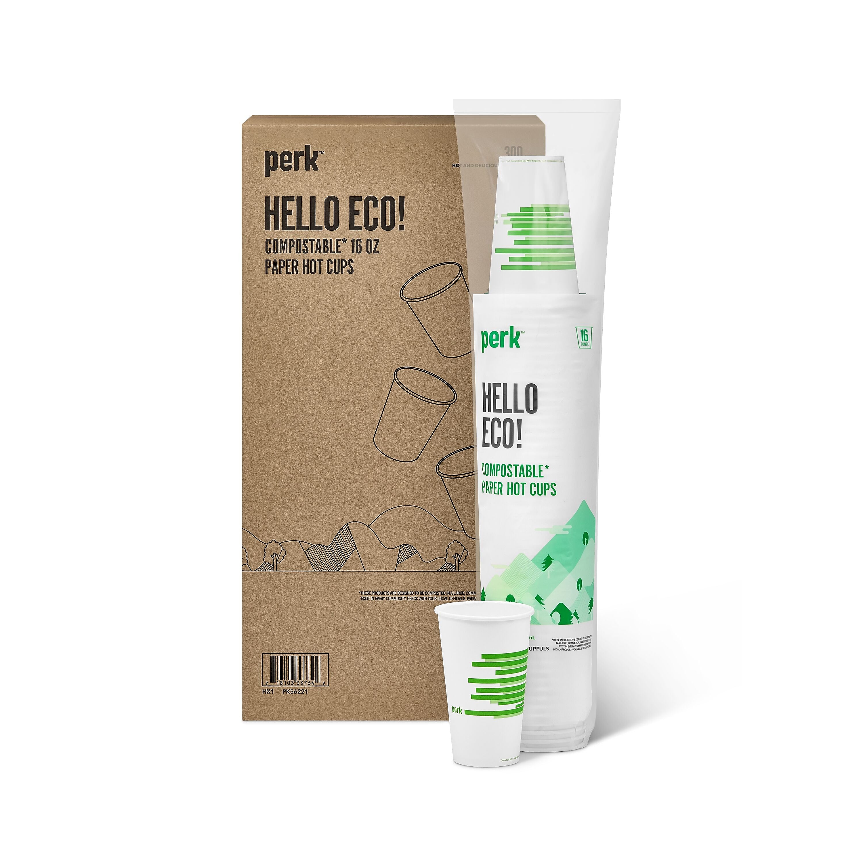 Perk™ Compostable Paper Hot Cup, 16 Oz., White/Green, 300/Carton