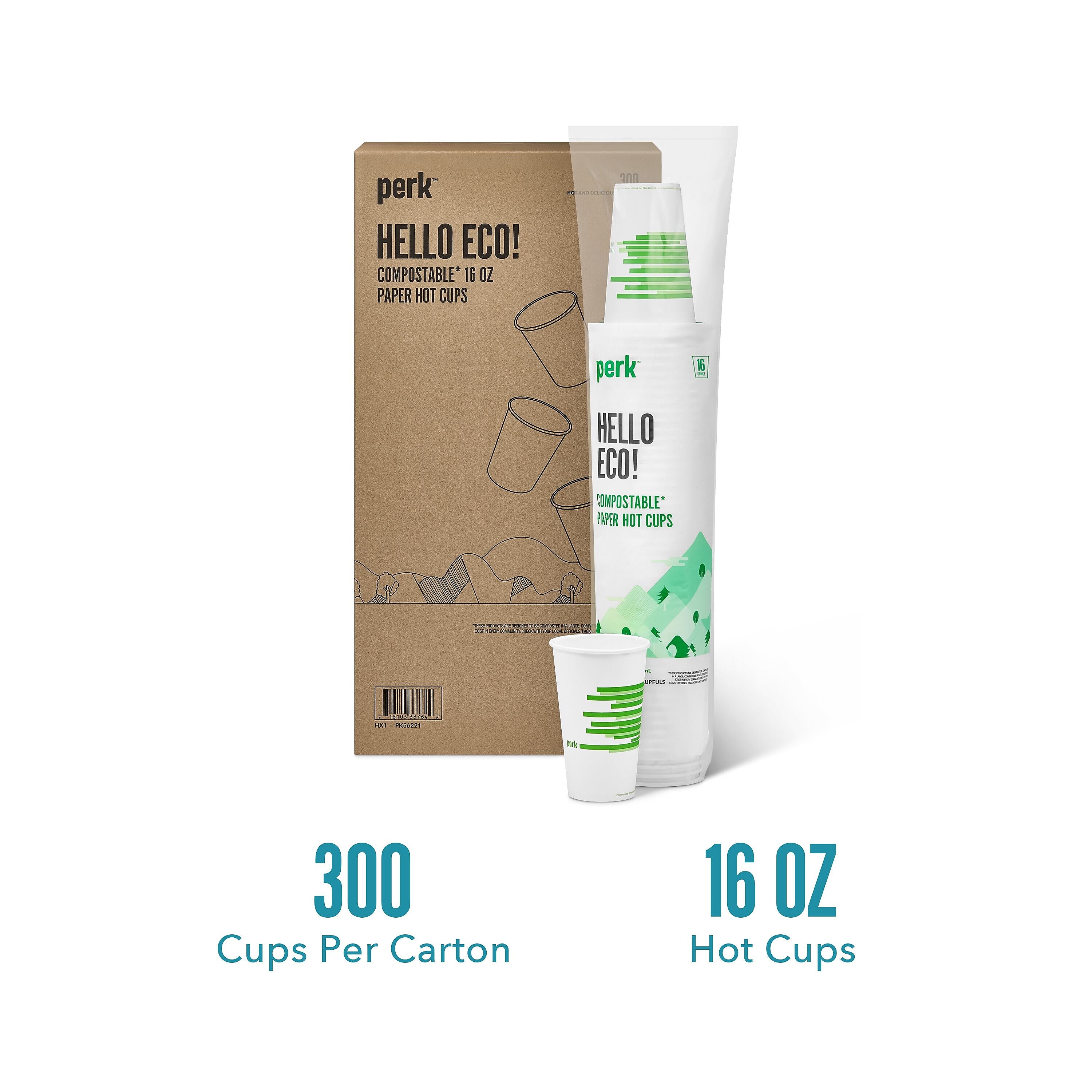 Perk™ Compostable Paper Hot Cup, 16 Oz., White/Green, 300/Carton
