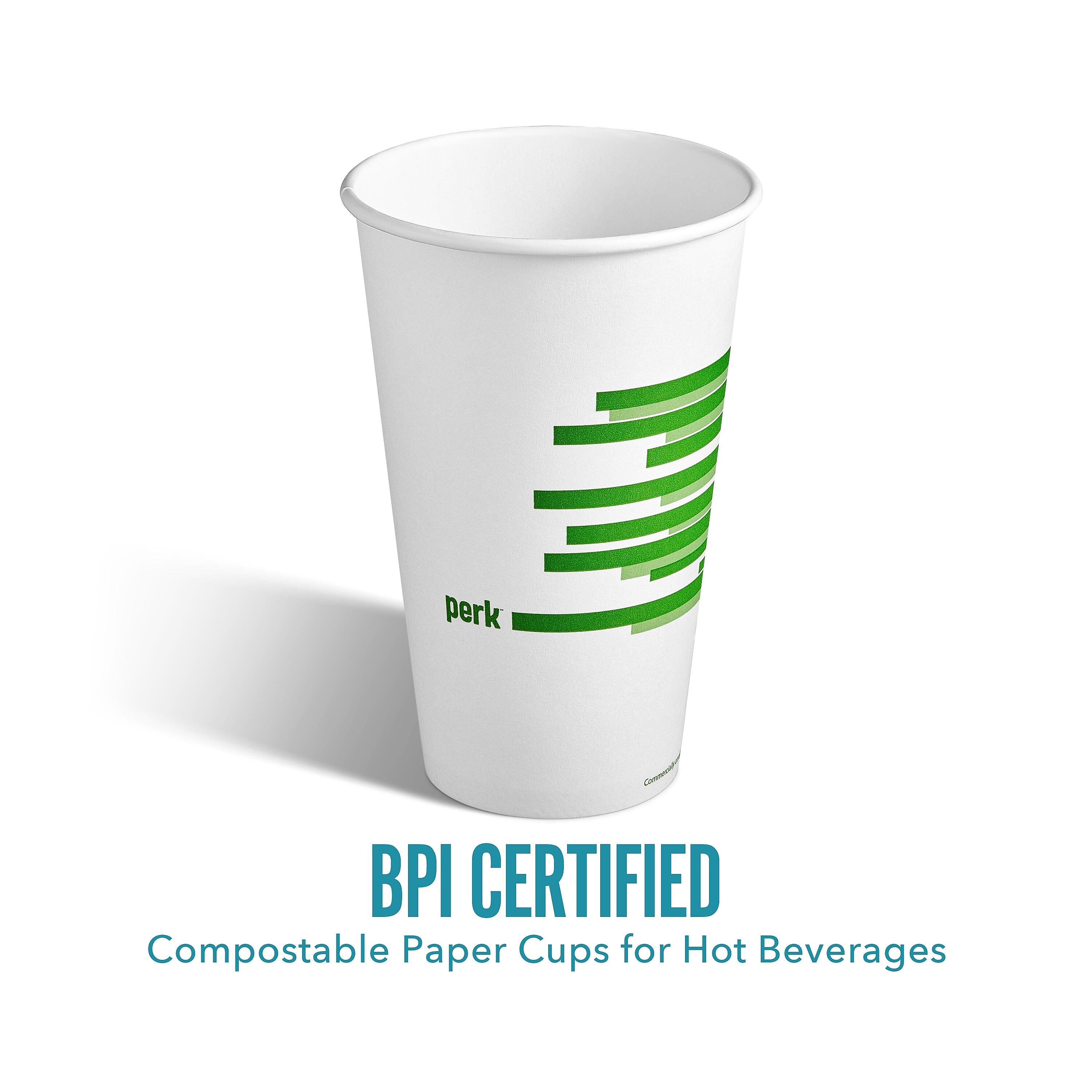 Perk™ Compostable Paper Hot Cup, 16 Oz., White/Green, 300/Carton