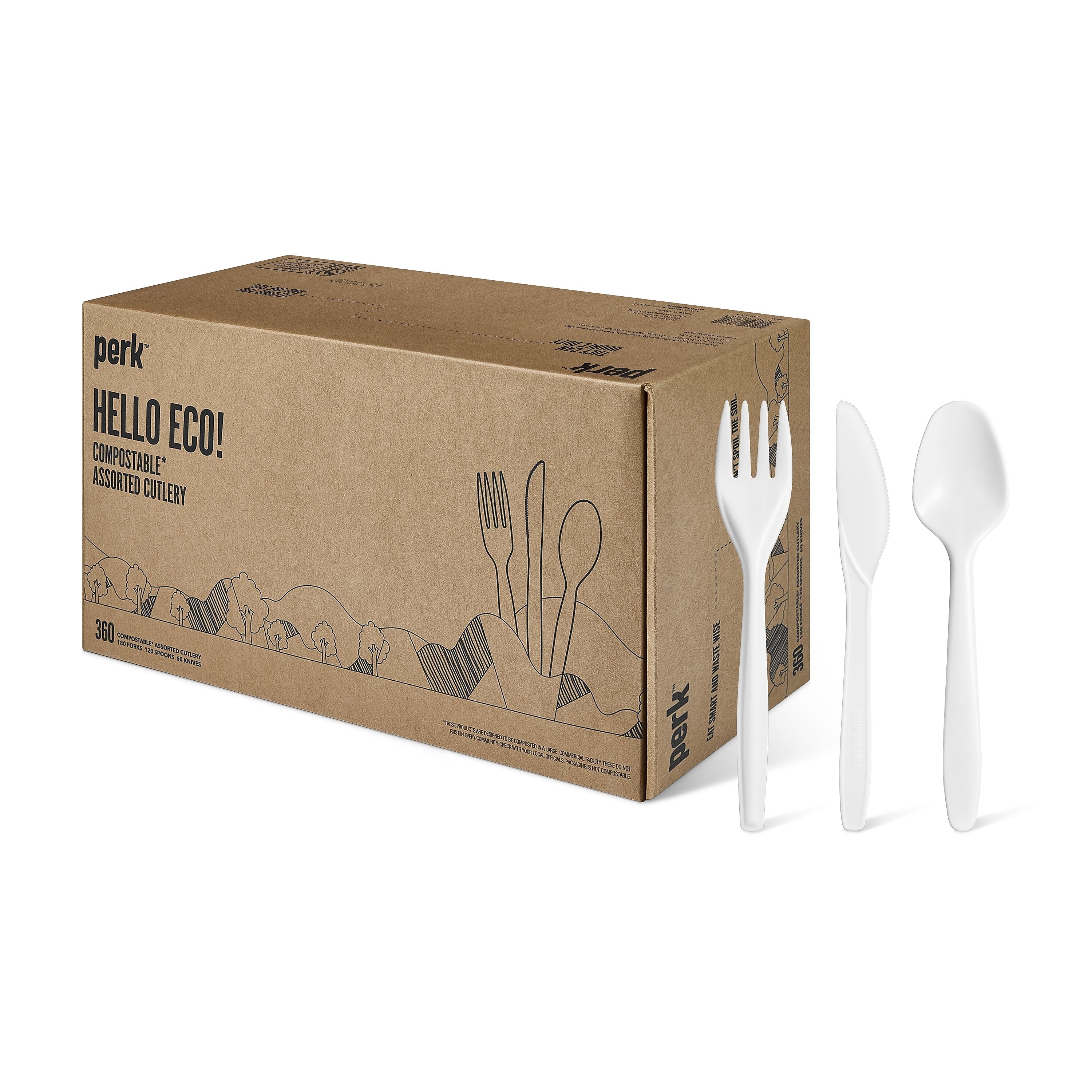 Perk™ Compostable PLA Assorted Cutlery, Medium-Weight, White, 360/Pack