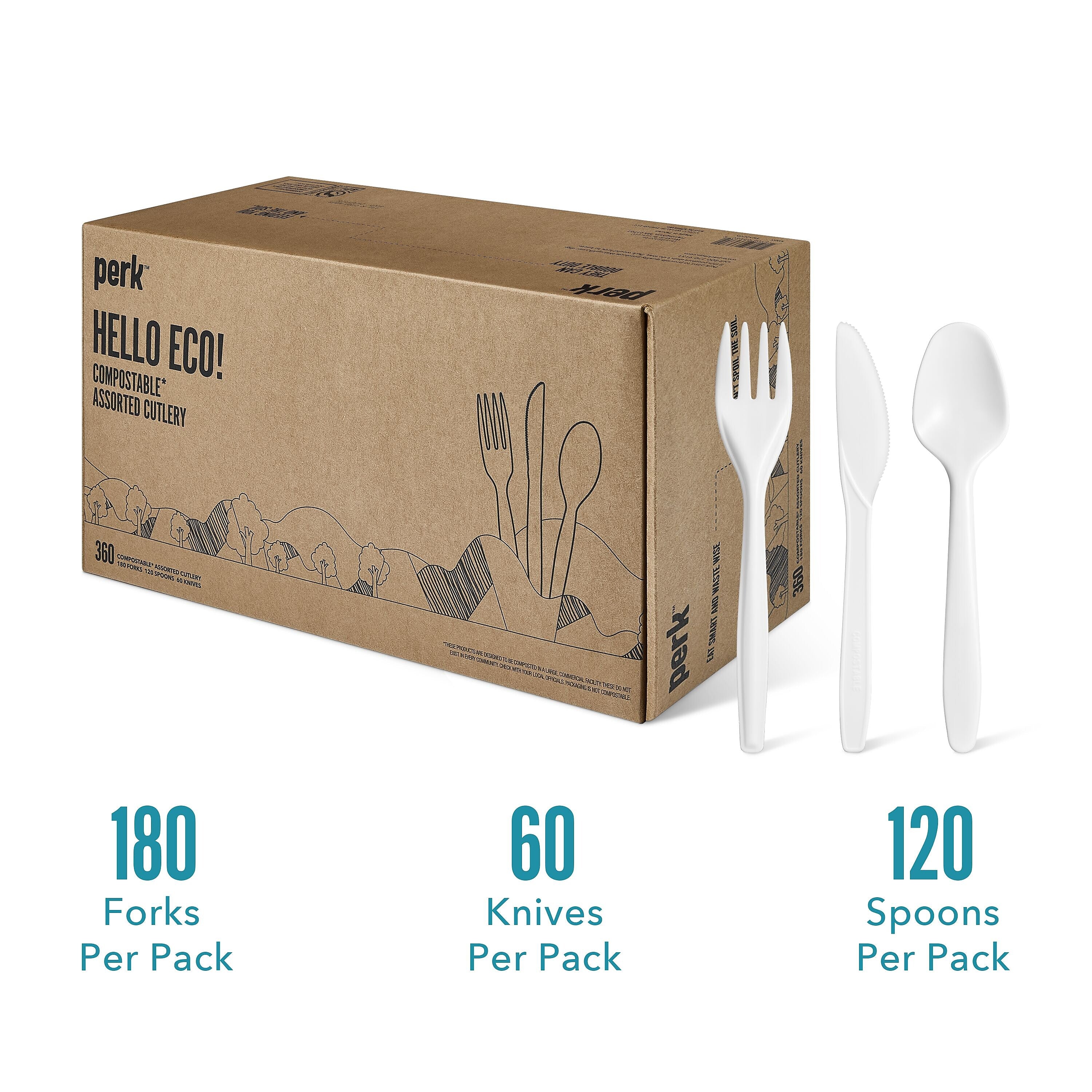 Perk™ Compostable PLA Assorted Cutlery, Medium-Weight, White, 360/Pack