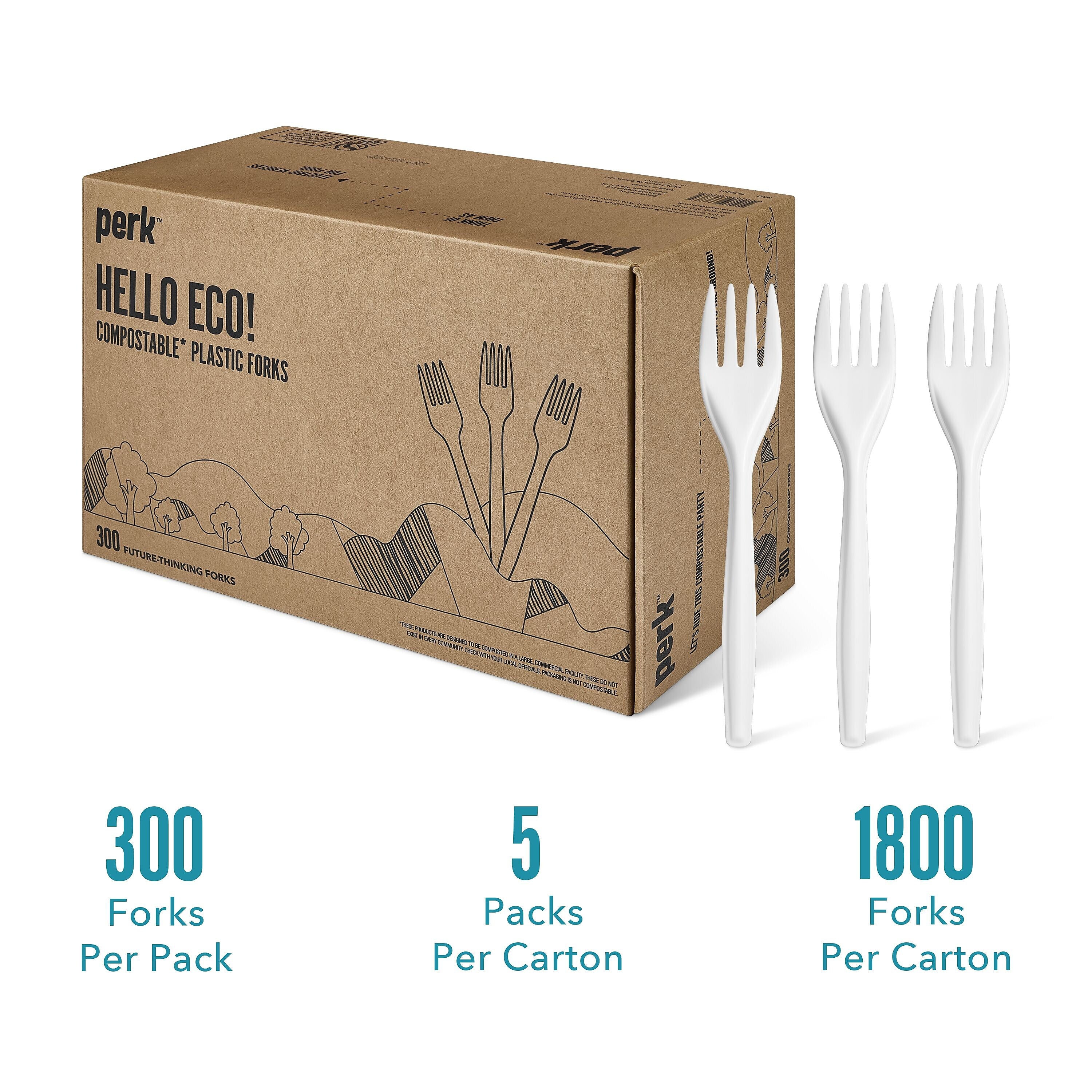 Perk™ Compostable PLA Fork, Medium-Weight, White, 1800/Carton