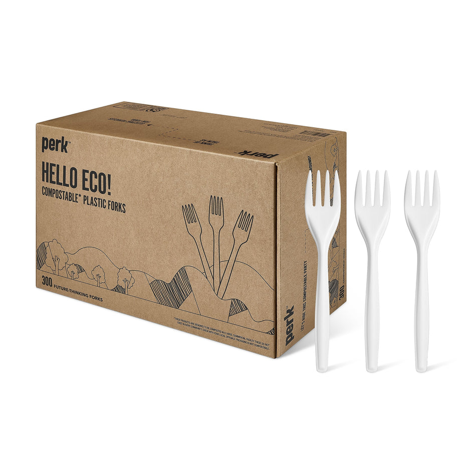 Perk™ Compostable PLA Fork, Medium-Weight, White, 300/Pack