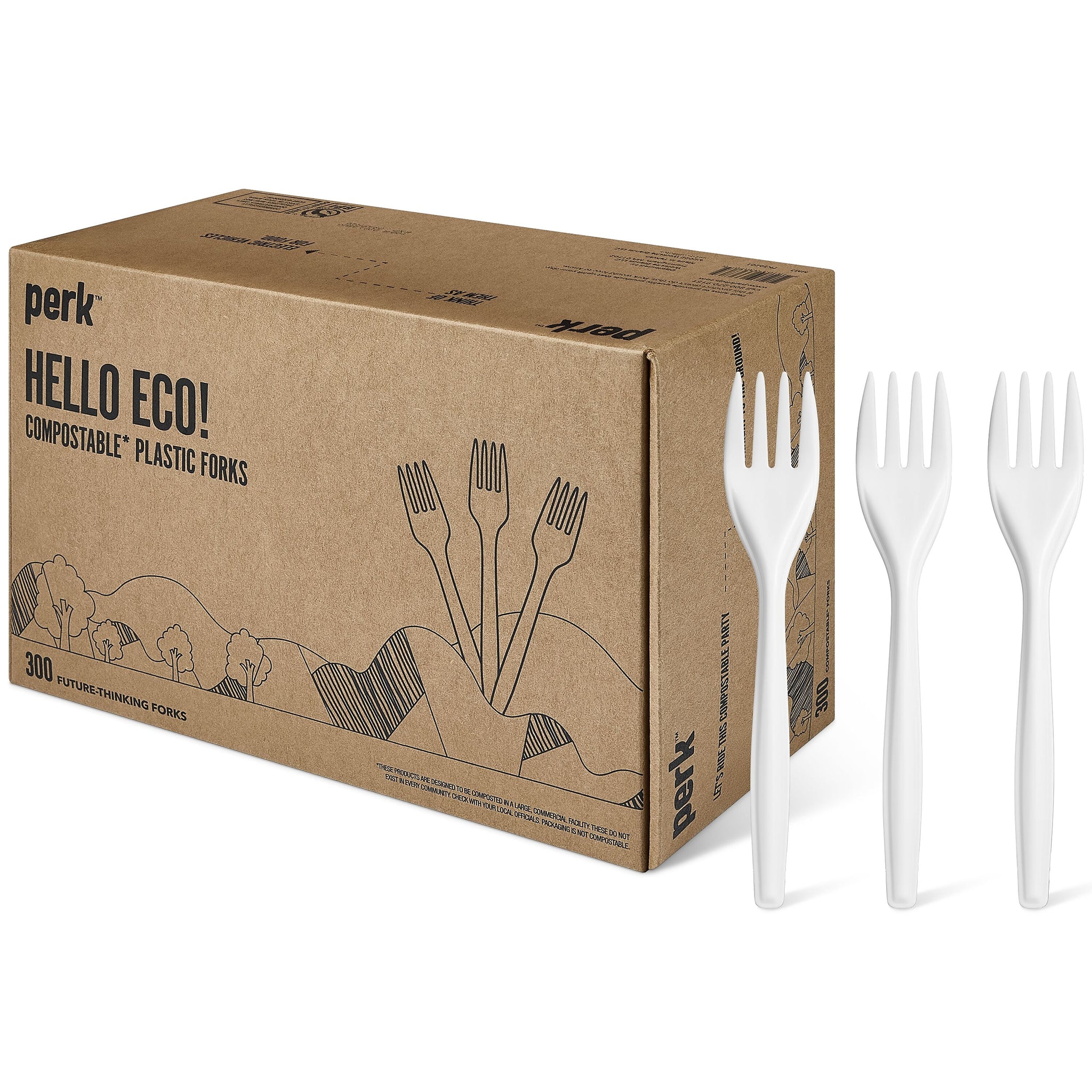 Perk™ Compostable PLA Fork, Medium-Weight, White, 300/Pack