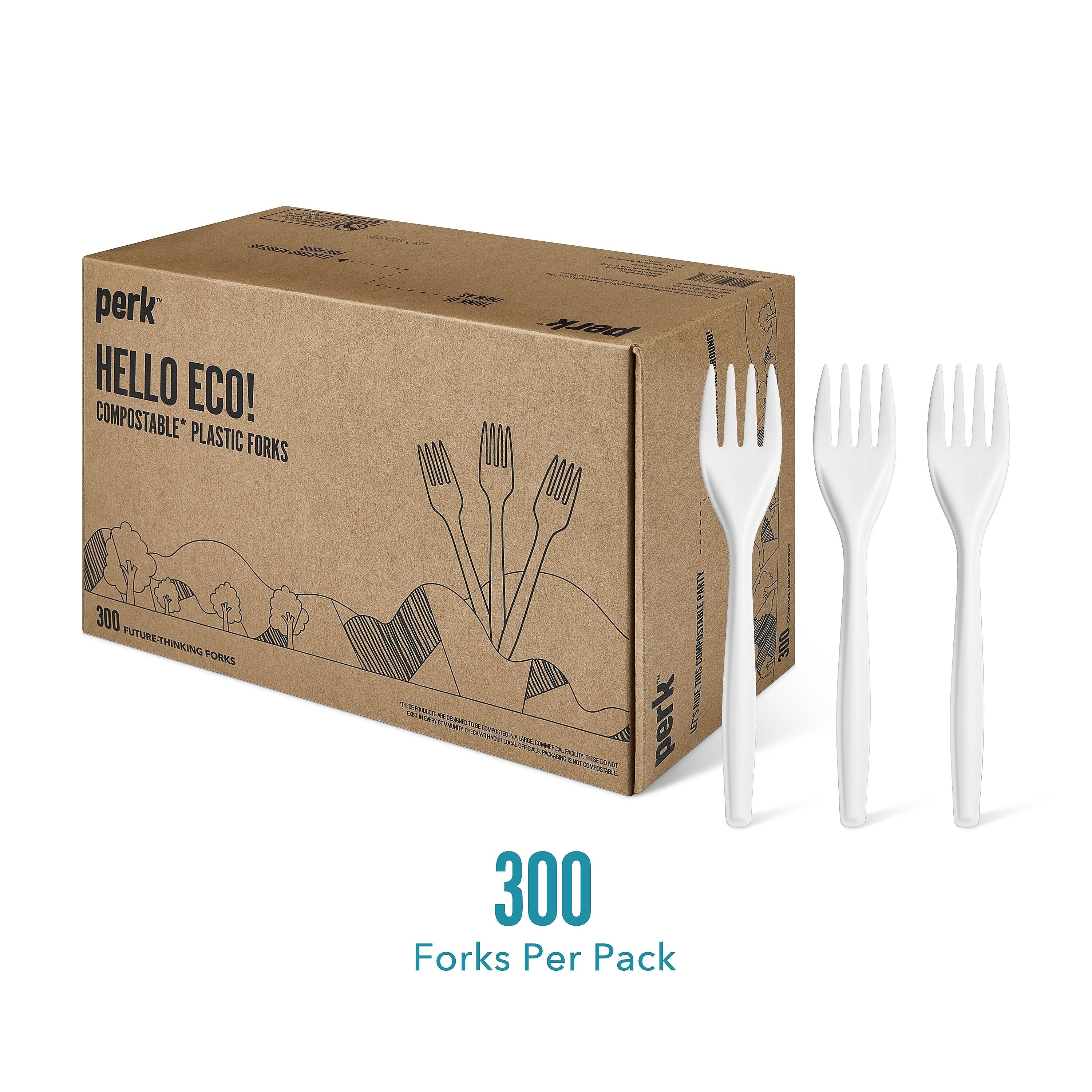 Perk™ Compostable PLA Fork, Medium-Weight, White, 300/Pack