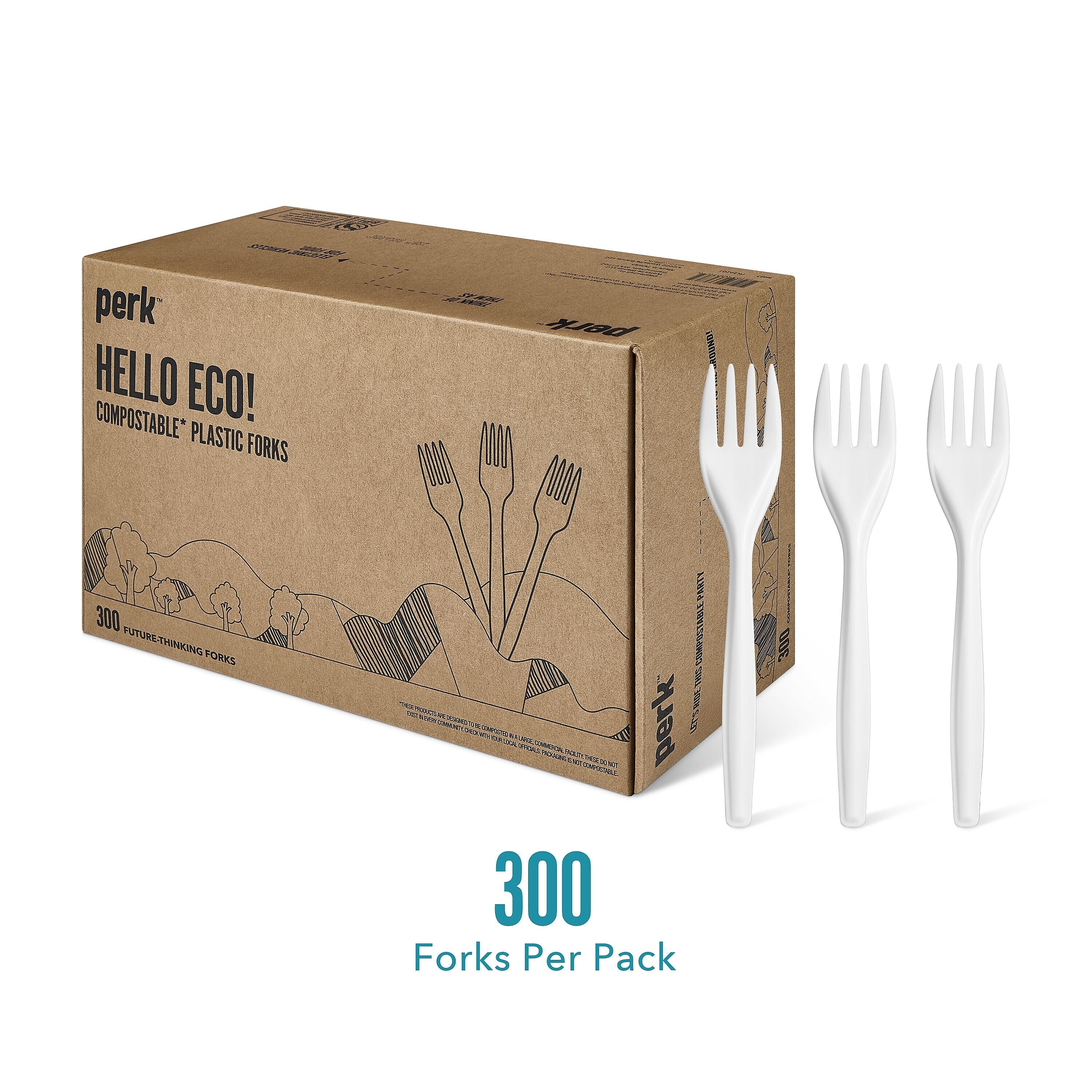 Perk™ Compostable PLA Fork, Medium-Weight, White, 300/Pack