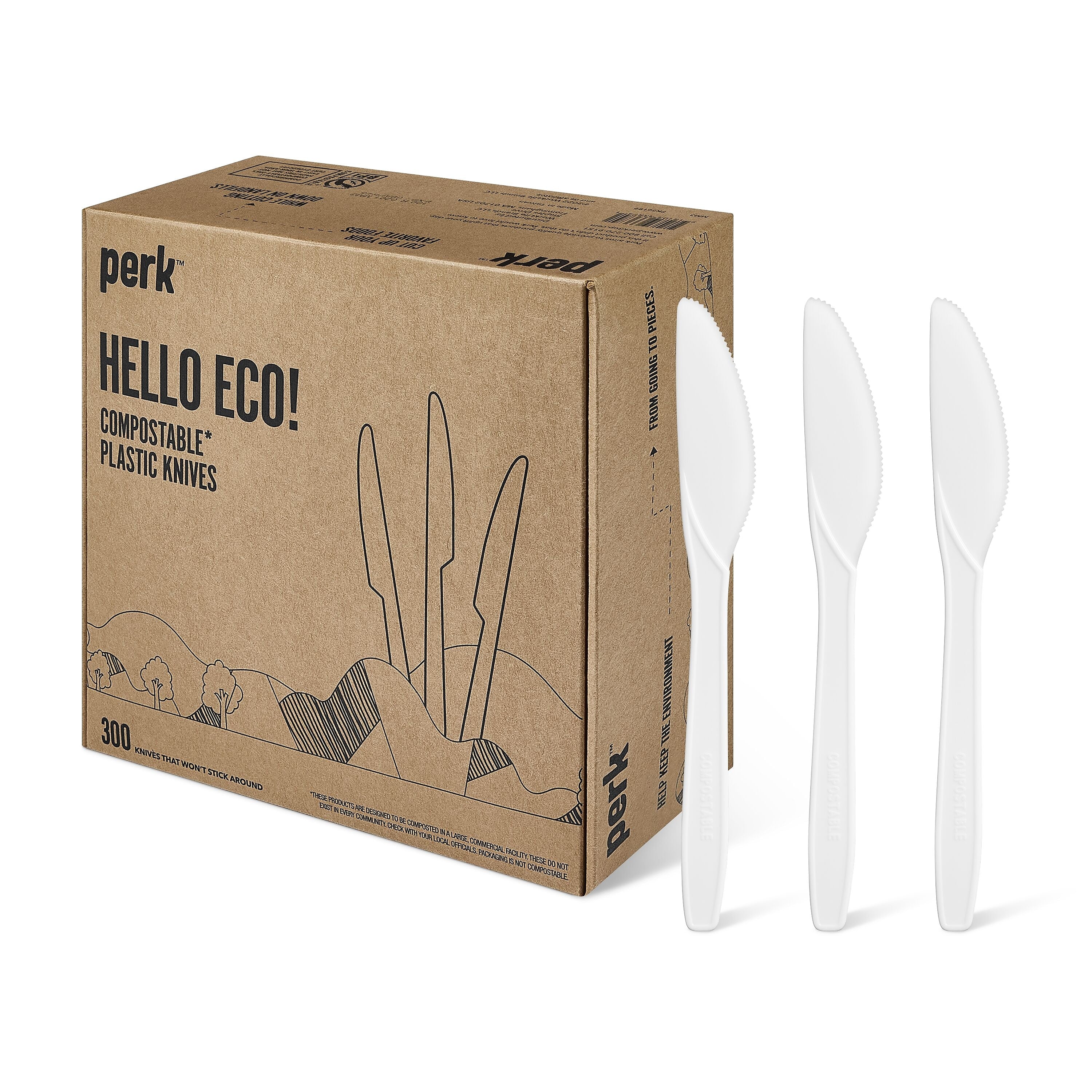 Perk™ Compostable PLA Knife, Medium-Weight, White, 1800/Carton