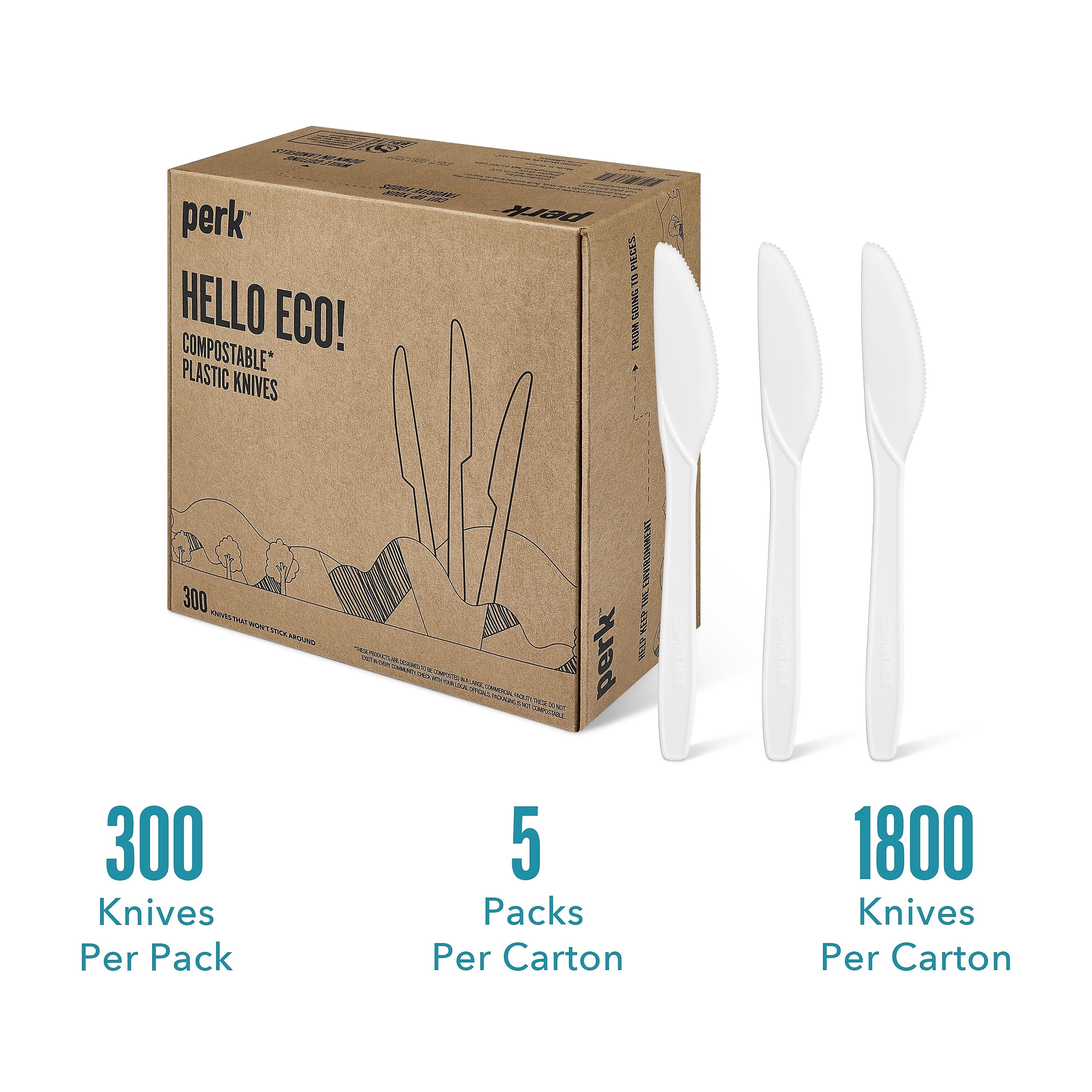Perk™ Compostable PLA Knife, Medium-Weight, White, 1800/Carton