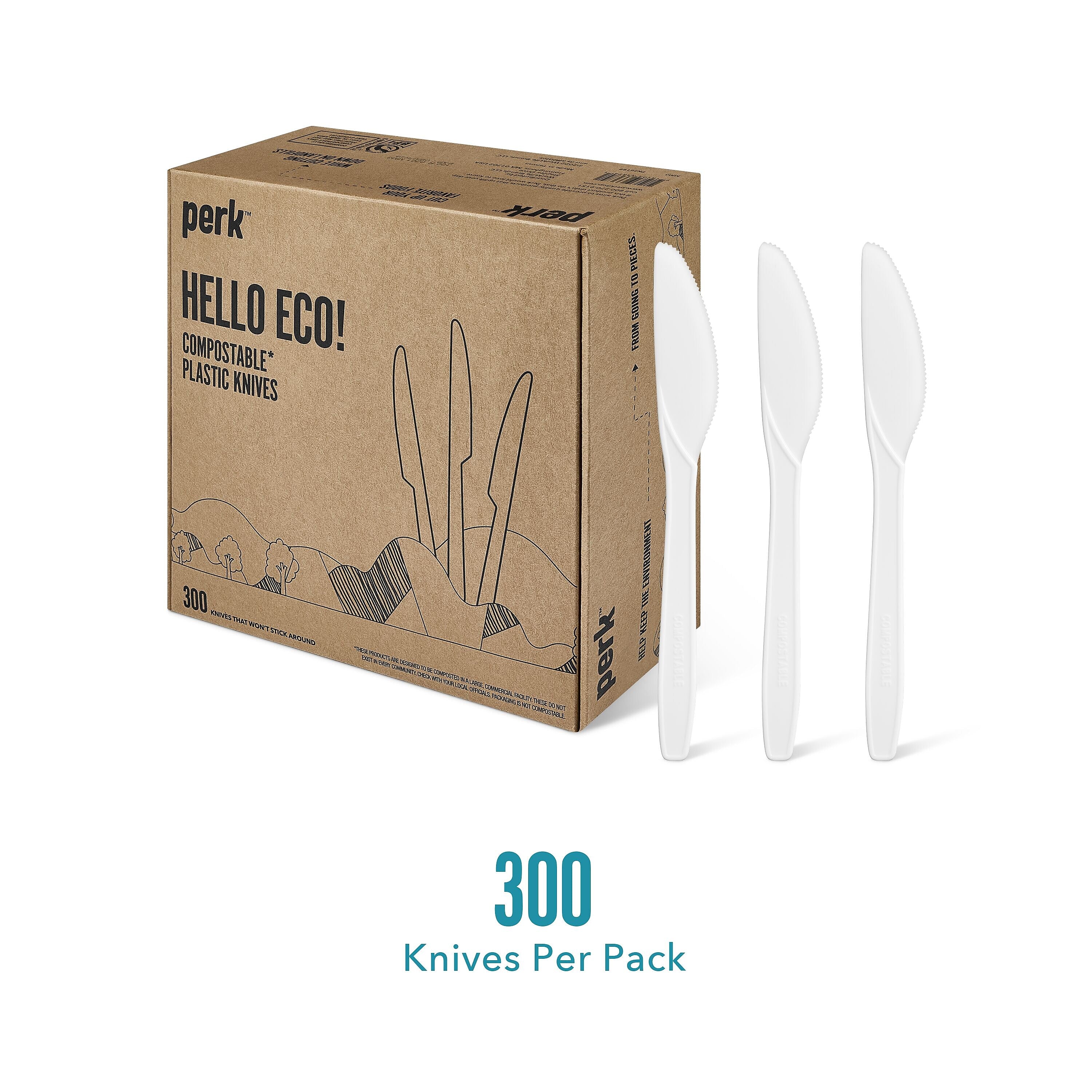 Perk™ Compostable PLA Knife, Medium-Weight, White, 300/Pack