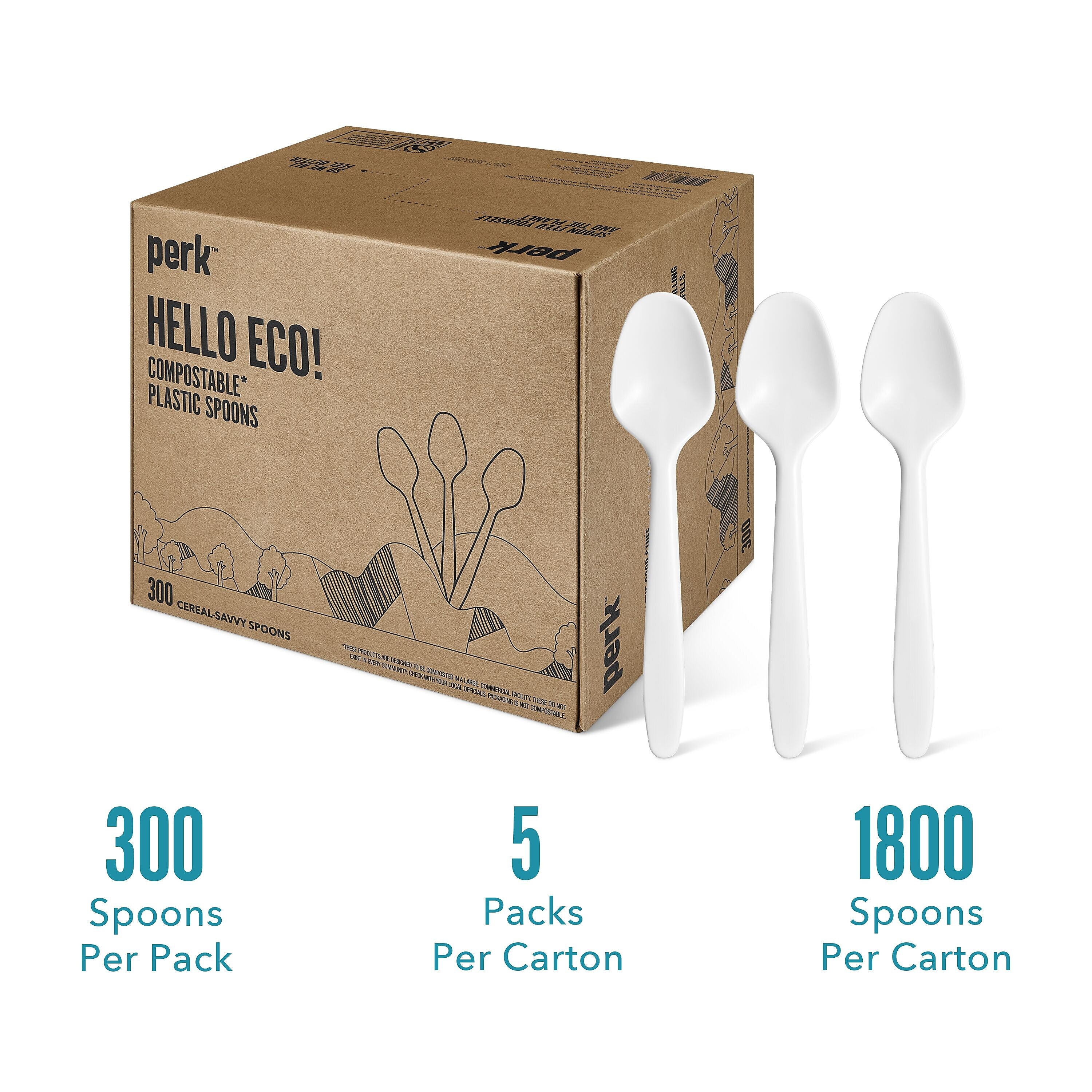 Perk™ Compostable PLA Spoon, Medium-Weight, White, 1800/Carton