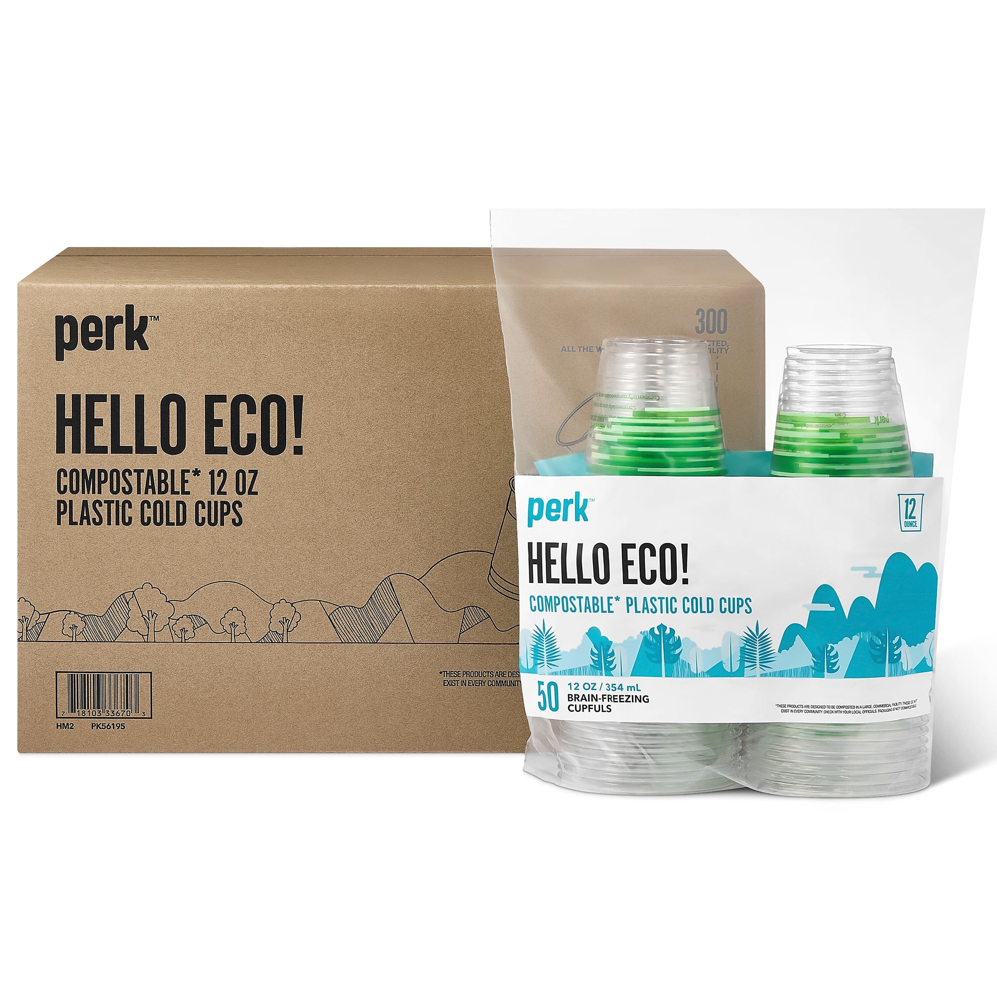 Perk™ Compostable Plastic Cold Cup, 12 Oz., Clear/Green, 300/Carton
