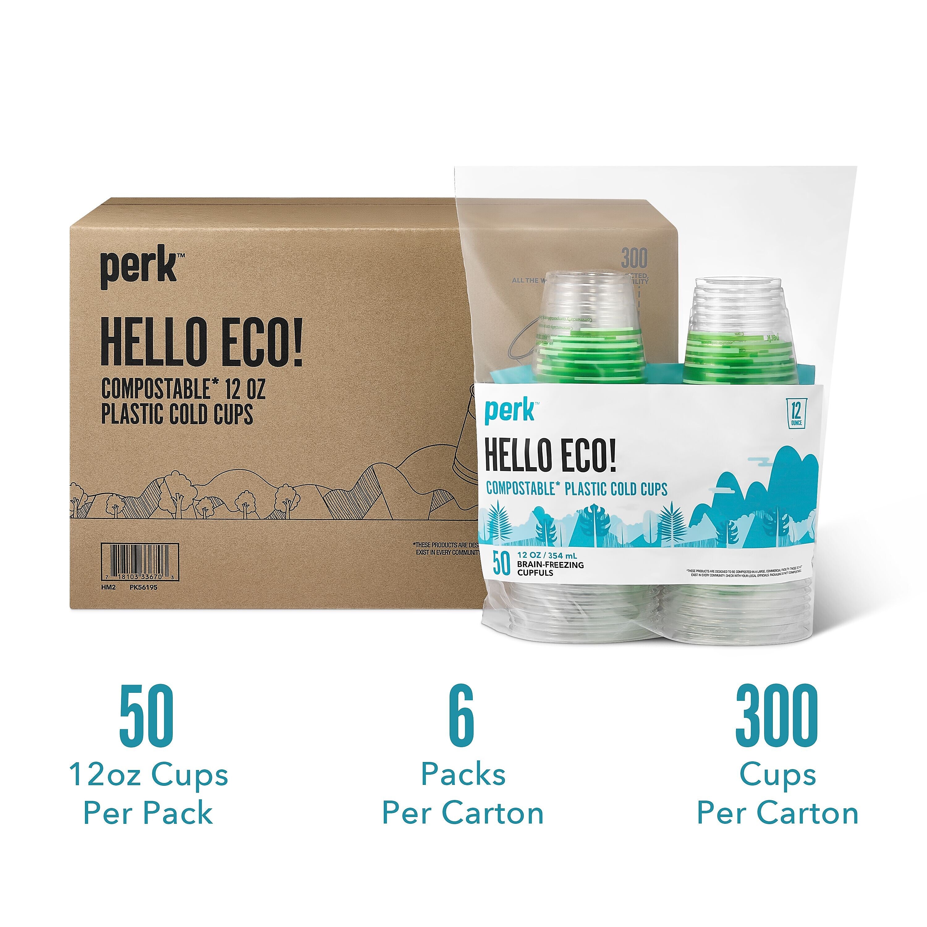 Perk™ Compostable Plastic Cold Cup, 12 Oz., Clear/Green, 300/Carton