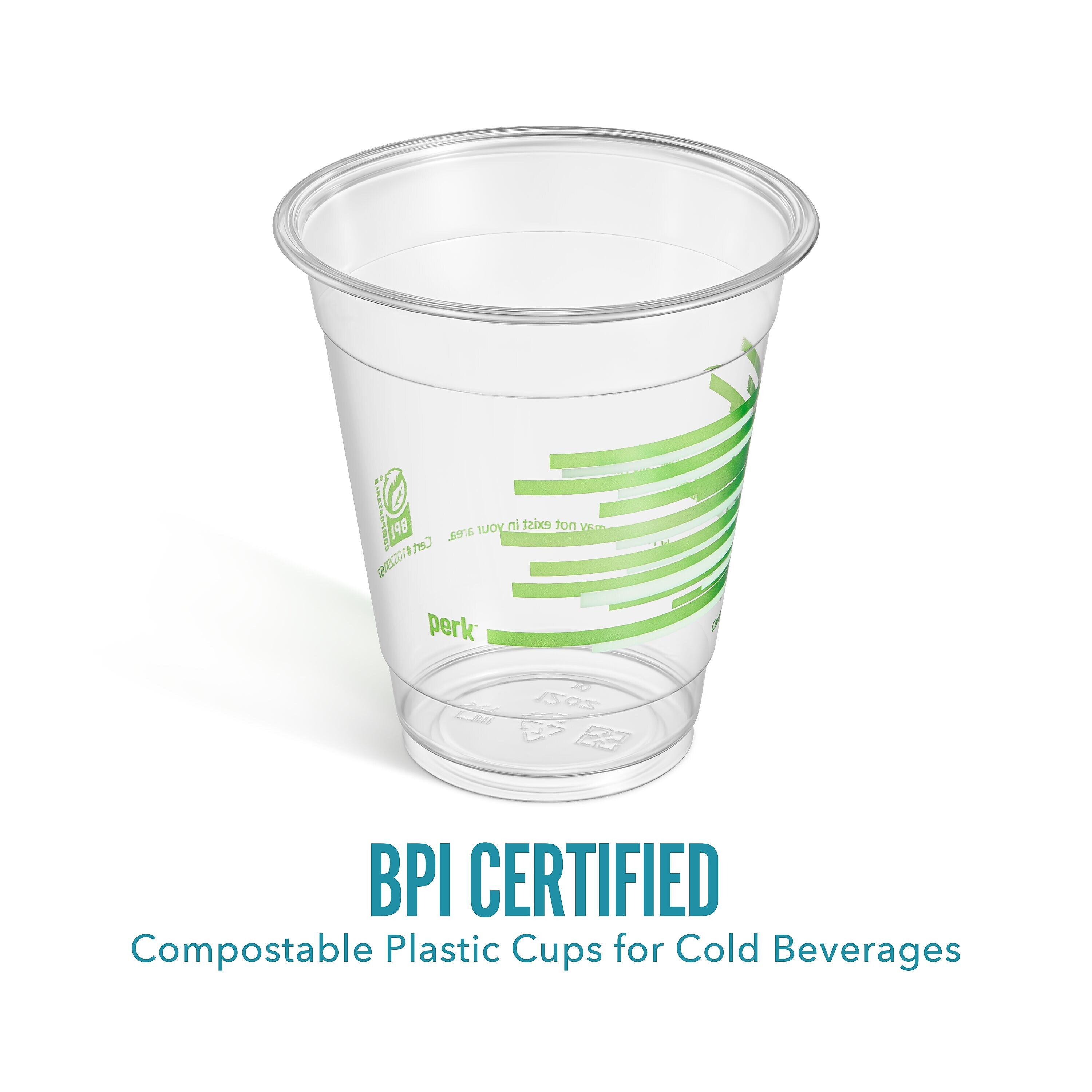 Perk™ Compostable Plastic Cold Cup, 12 Oz., Clear/Green, 300/Carton