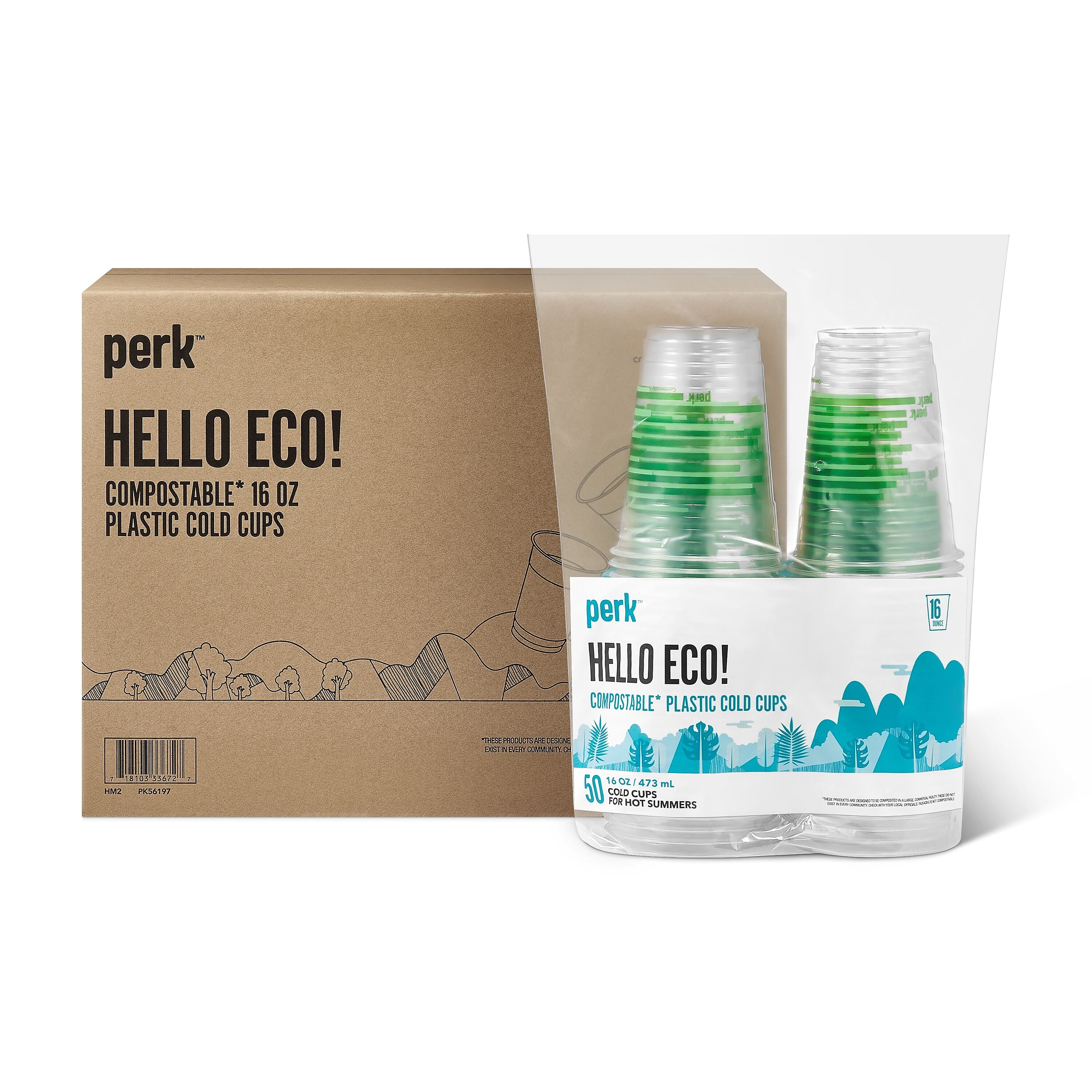 Perk™ Compostable Plastic Cold Cup, 16 Oz., Clear/Green, 300/Carton