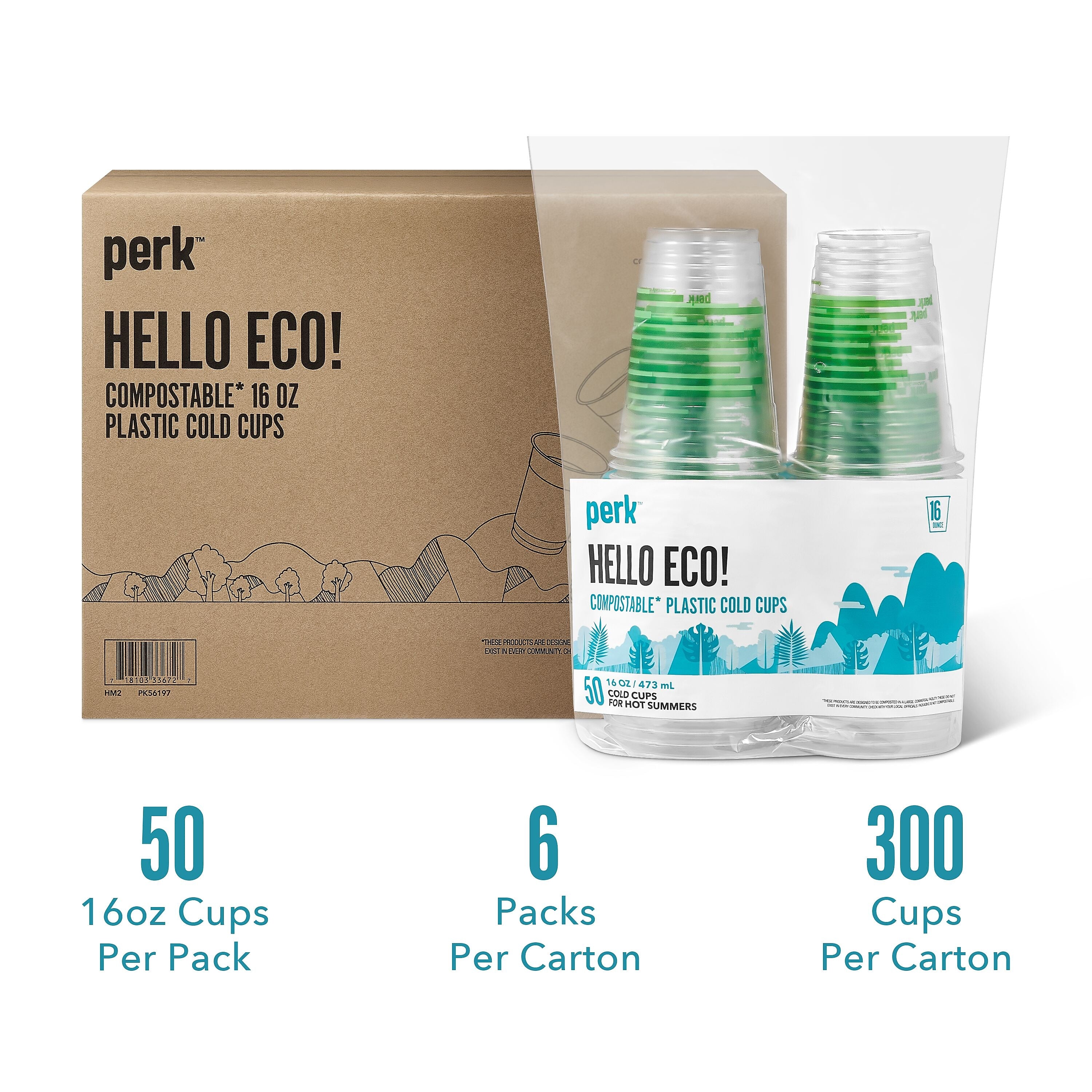 Perk™ Compostable Plastic Cold Cup, 16 Oz., Clear/Green, 300/Carton