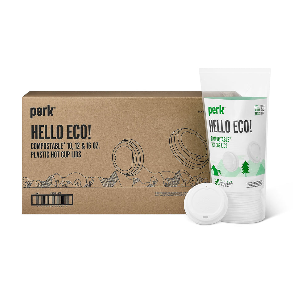 Perk™ Compostable Plastic Hot Cup Lid, 10/12/16 Oz., White, 500/Carton