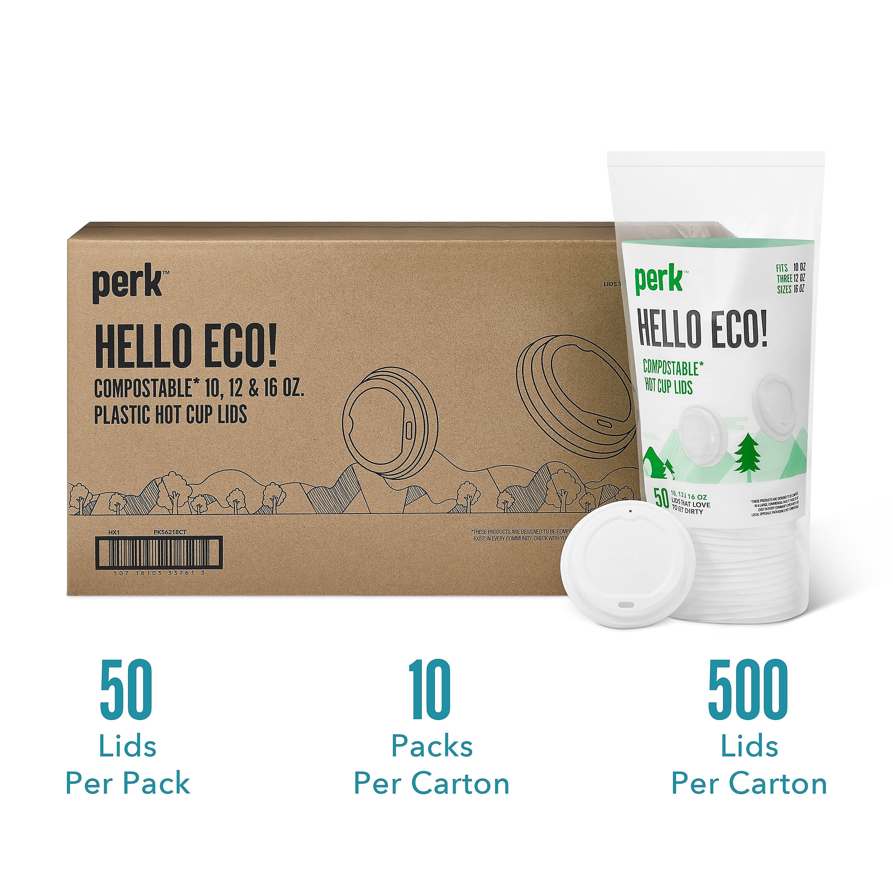 Perk™ Compostable Plastic Hot Cup Lid, 10/12/16 Oz., White, 500/Carton