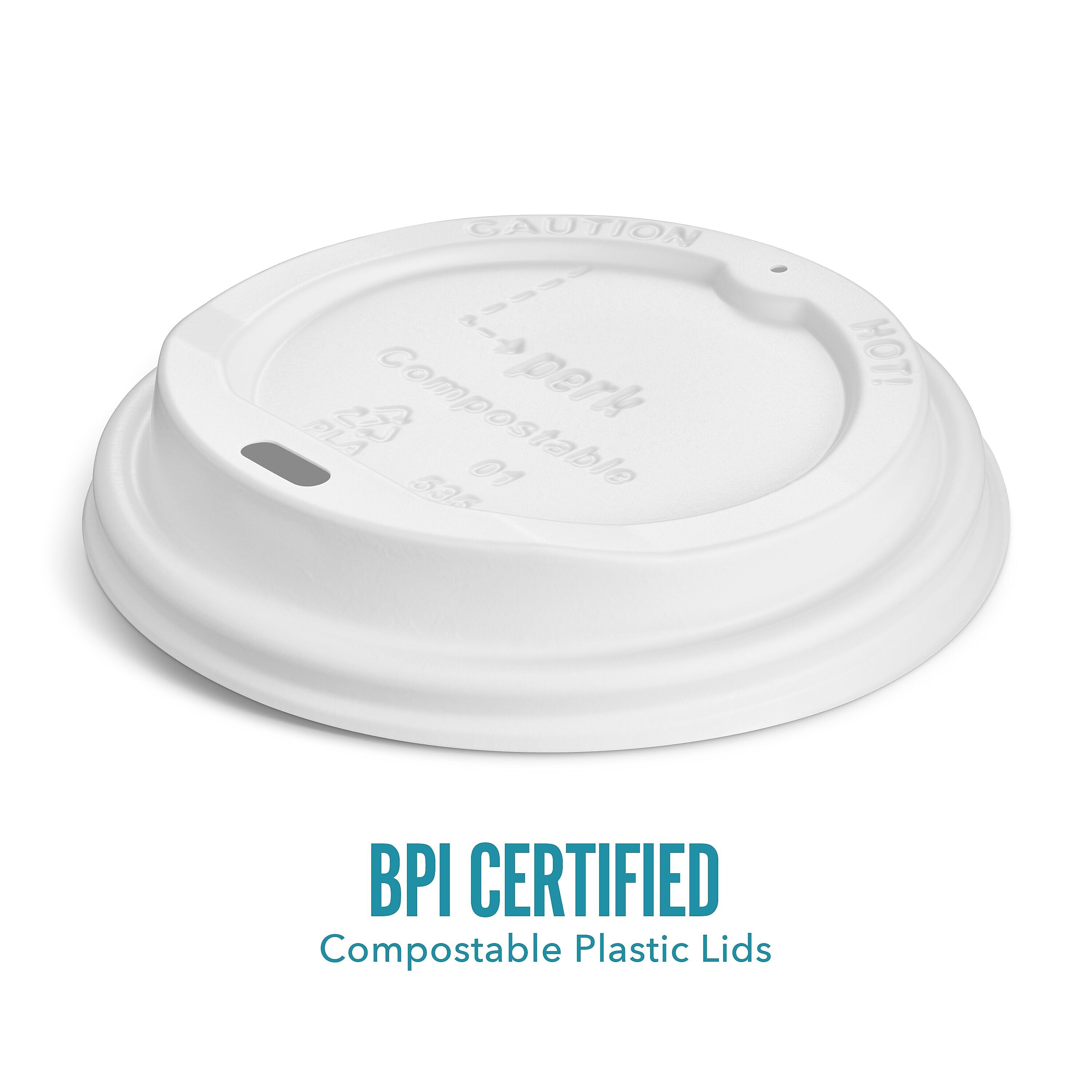 Perk™ Compostable Plastic Hot Cup Lid, 10/12/16 Oz., White, 500/Carton