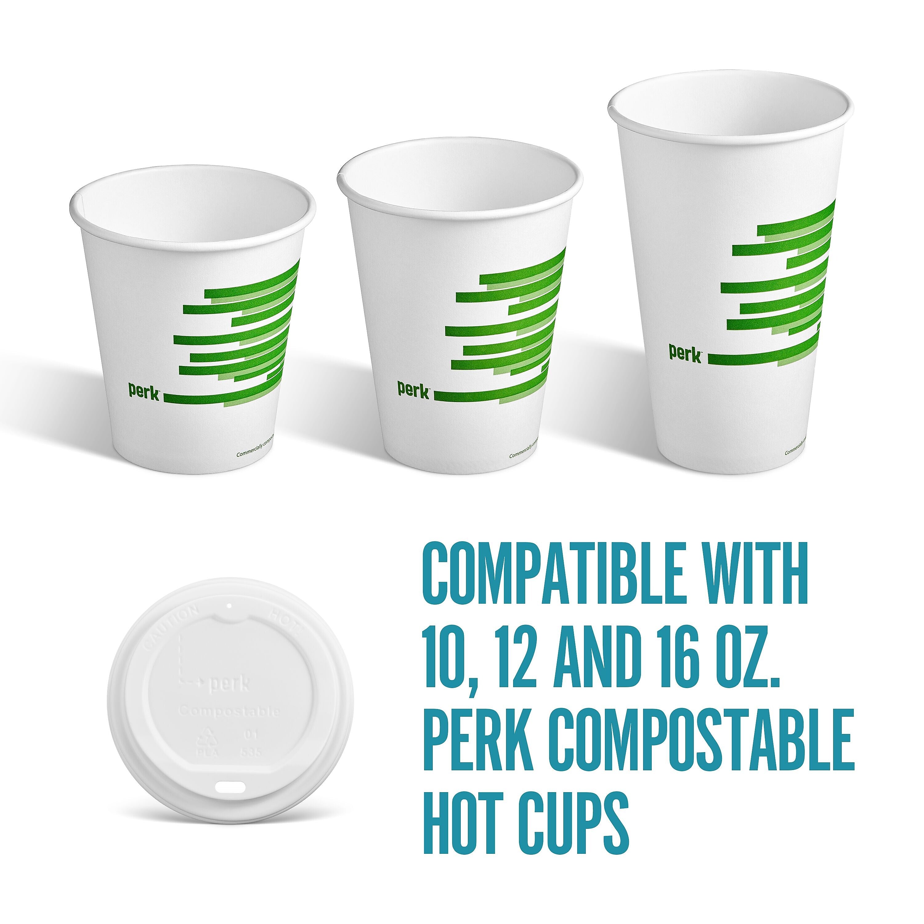 Perk™ Compostable Plastic Hot Cup Lid, 10/12/16 Oz., White, 500/Carton