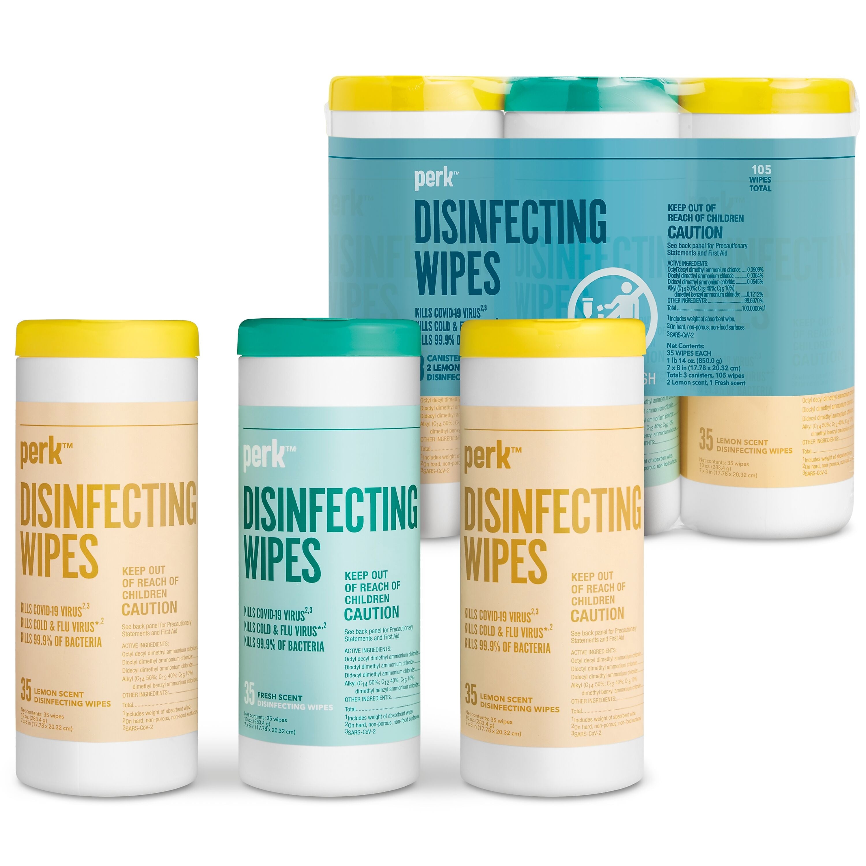 Perk™ Disinfecting Wipes, Fresh & Lemon Scent, 35 Wipes/Container, 3/Pack
