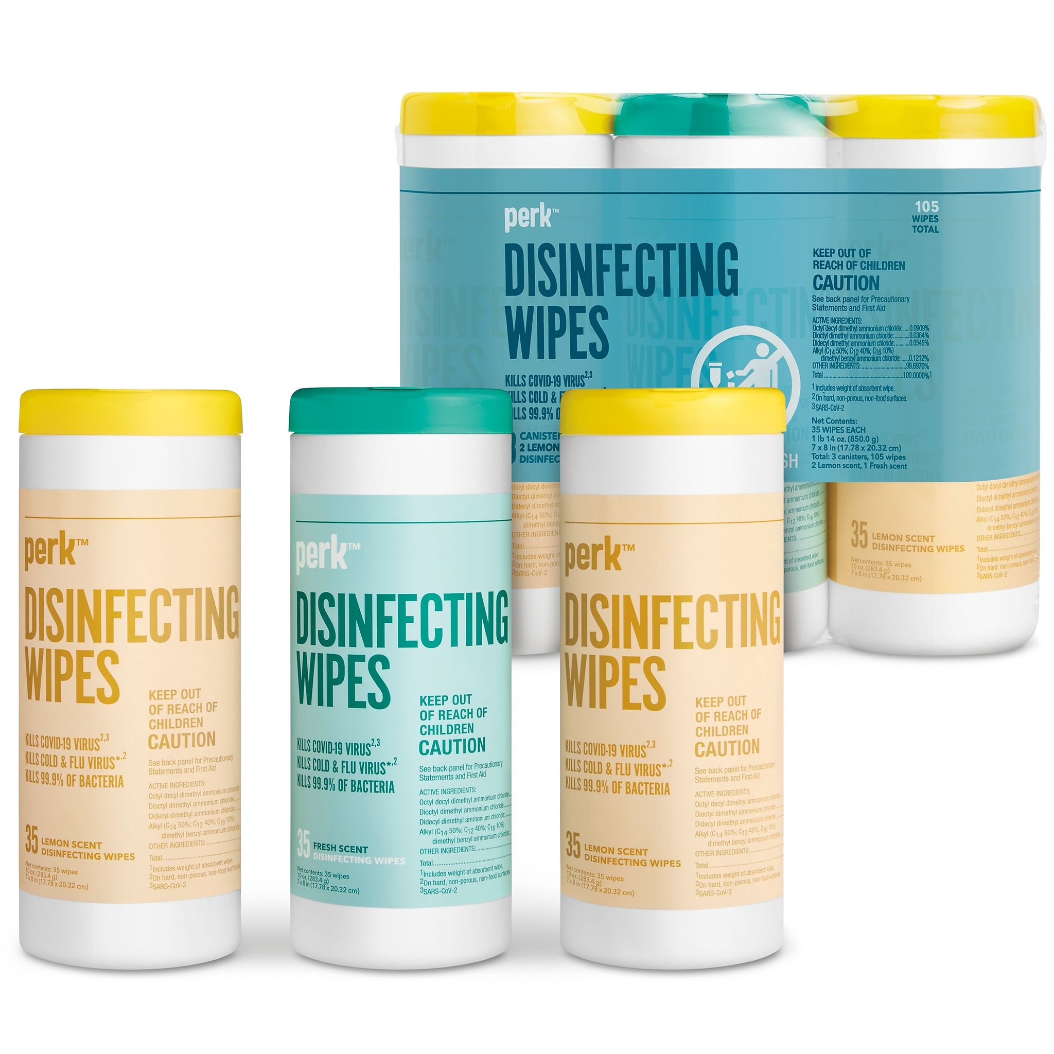 Perk™ Disinfecting Wipes, Fresh & Lemon Scent, 35 Wipes/Container, 3/Pack