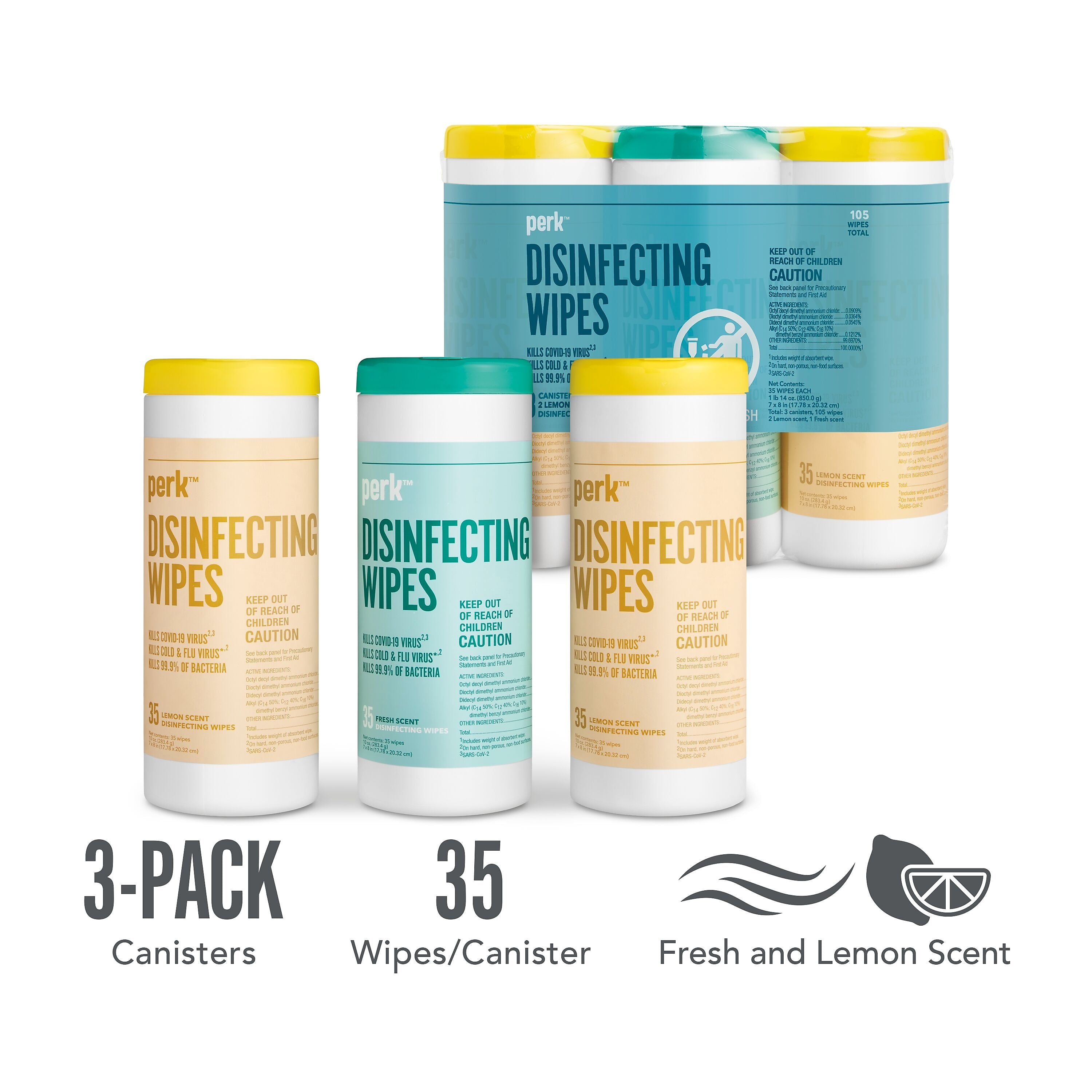 Perk™ Disinfecting Wipes, Fresh & Lemon Scent, 35 Wipes/Container, 3/Pack