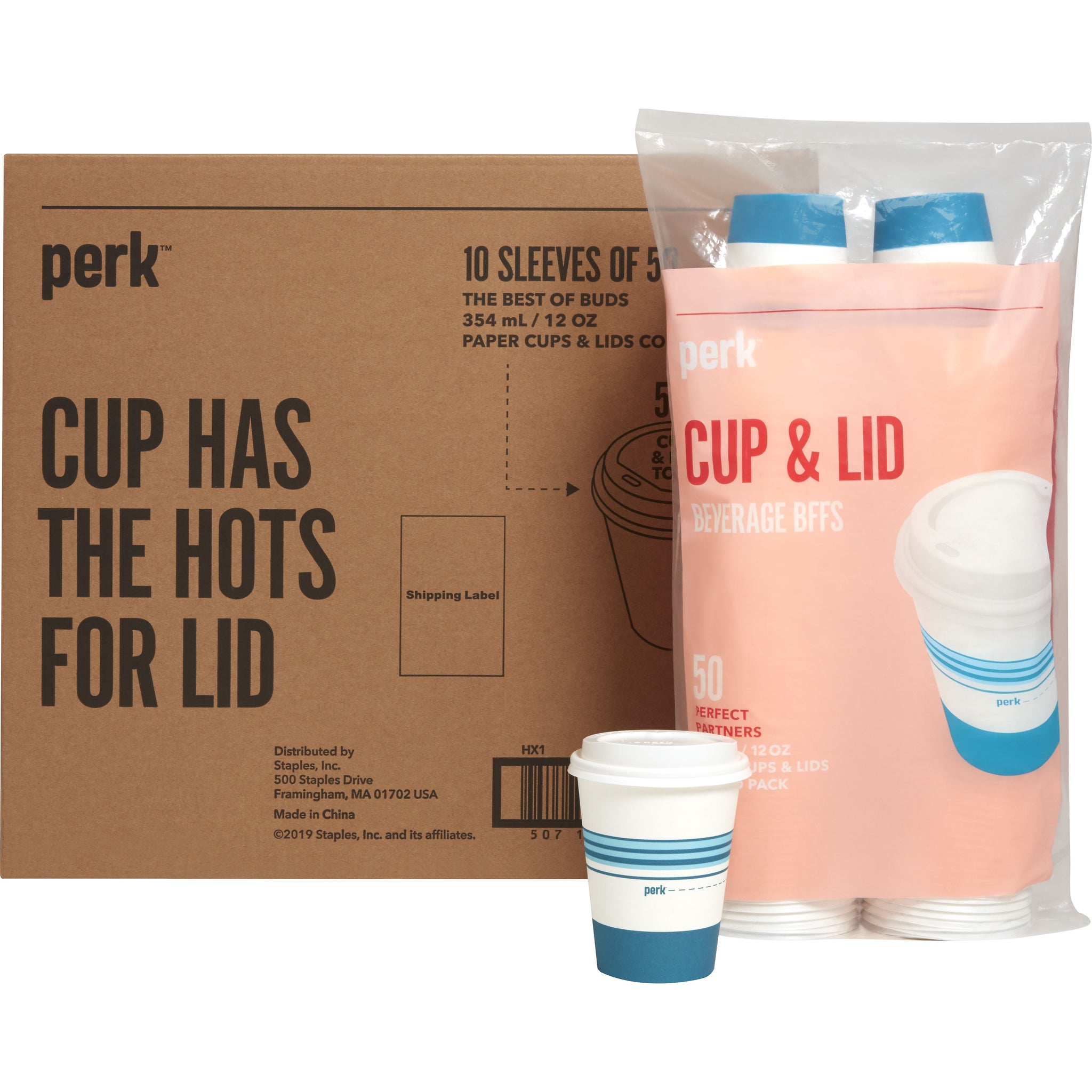 Perk™ Paper Cup & Lid Combo, 12 Oz., White/Blue, 500/Carton