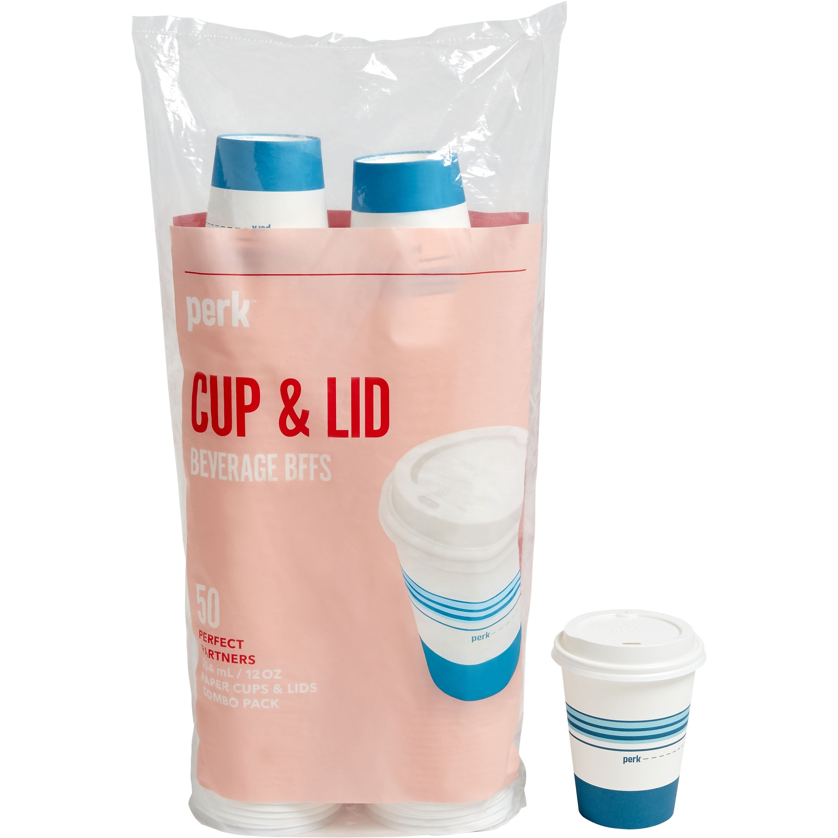 Perk™ Paper Cup & Lid Combo, 12 Oz., White/Blue, 50/Pack
