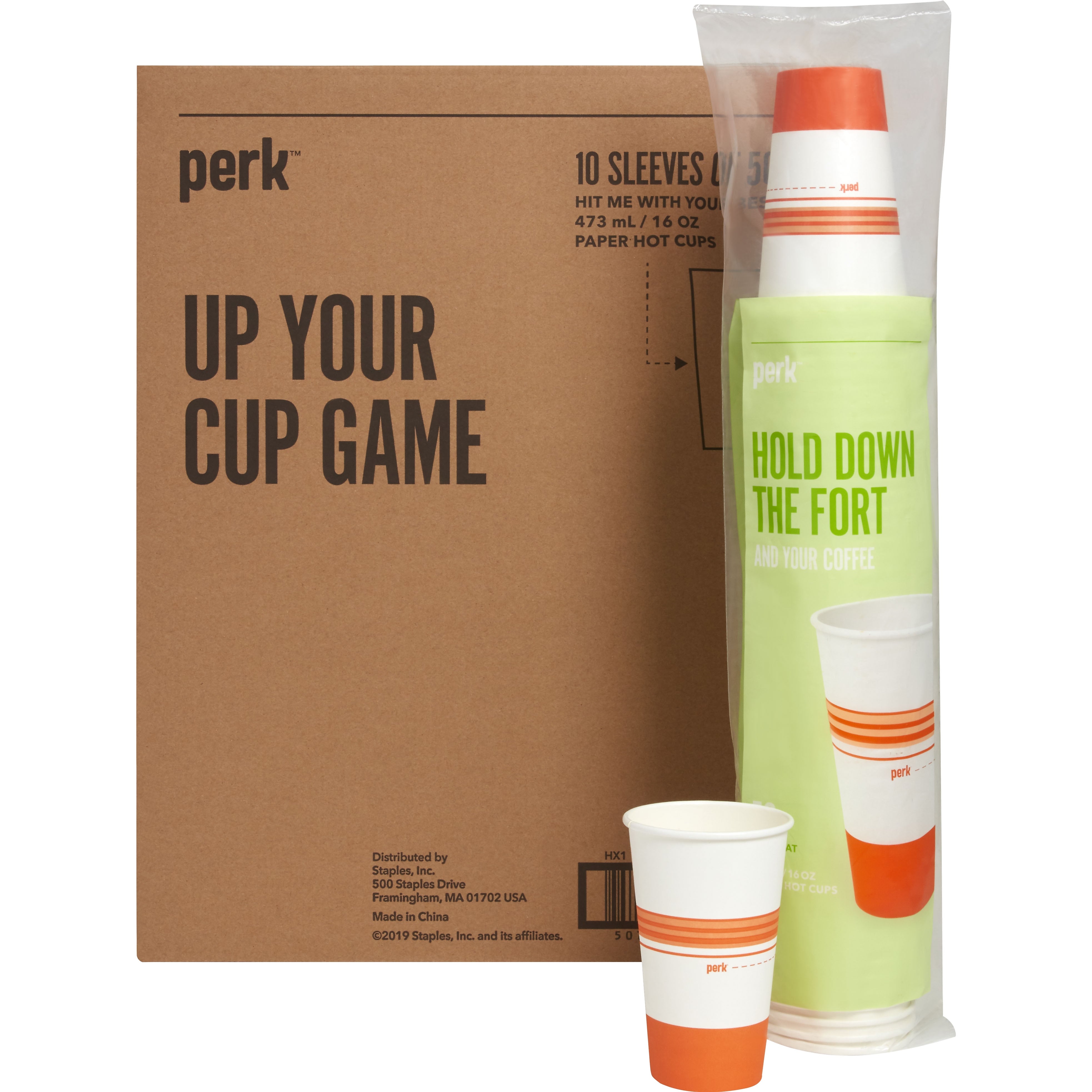 Perk™ Paper Hot Cup, 16 Oz., White/Orange, 500/Carton