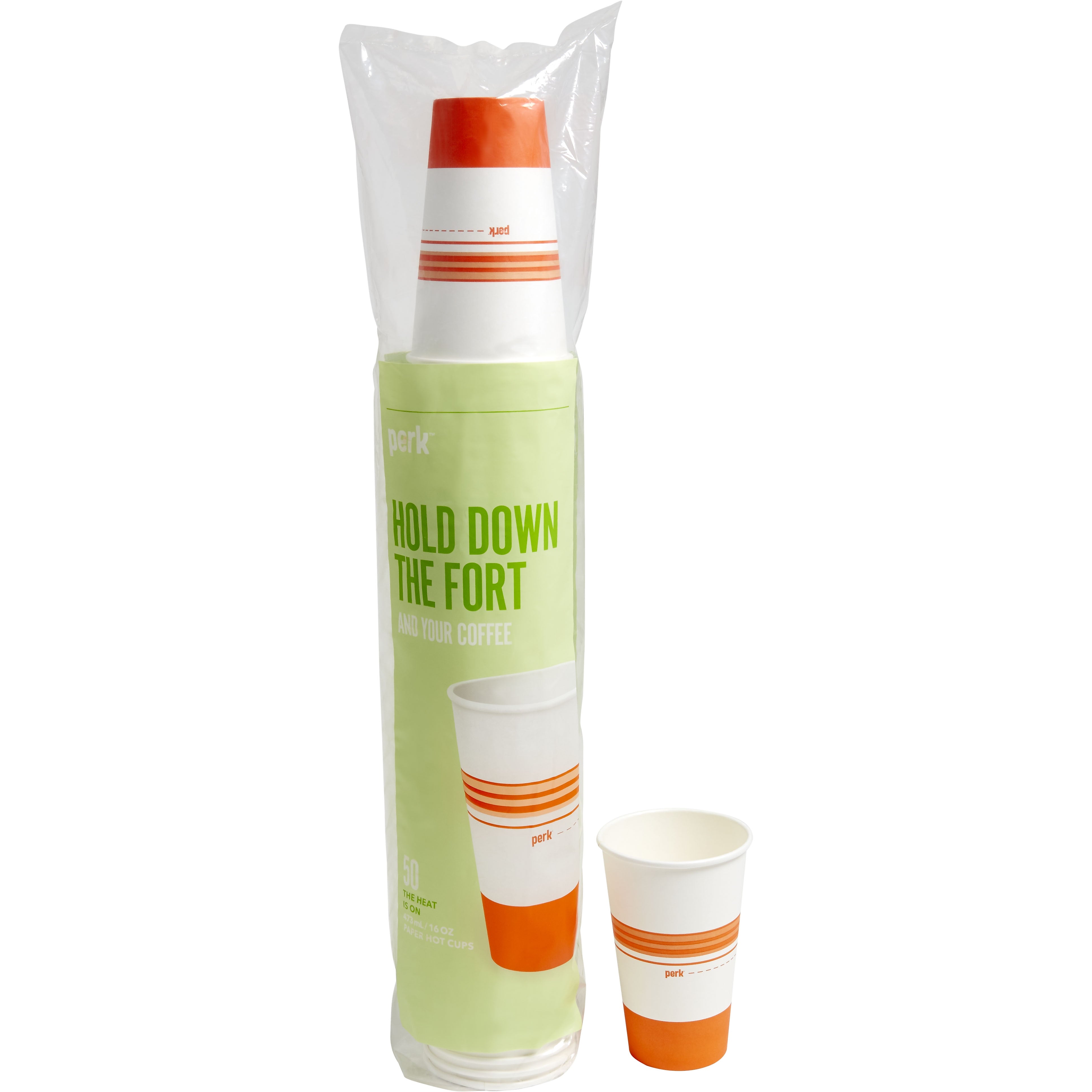 Perk™ Paper Hot Cup, 16 Oz., White/Orange, 50/Pack