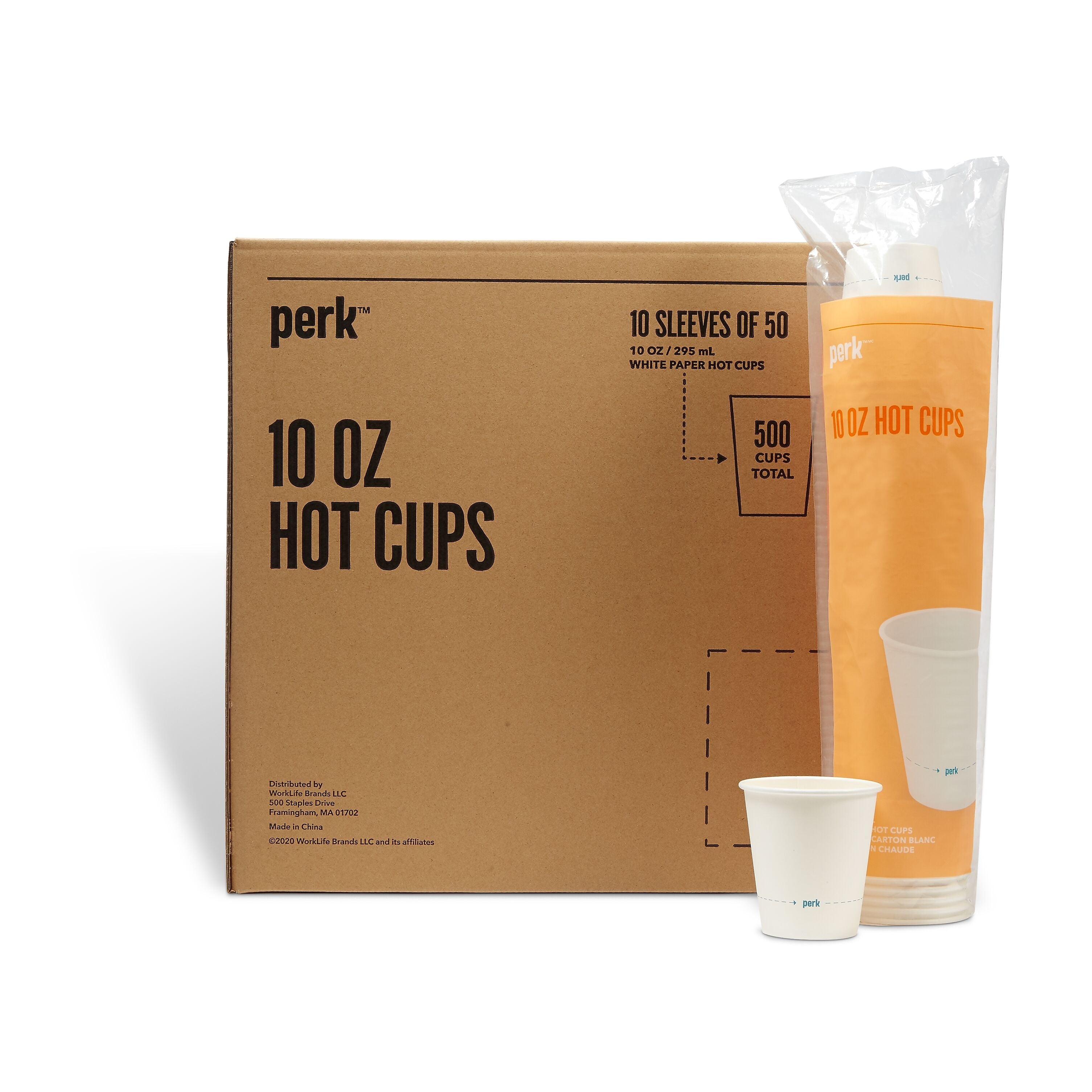 Perk™ Paper Hot Cups, 10 oz., White, 50/Sleeve, 10 Sleeves/Carton