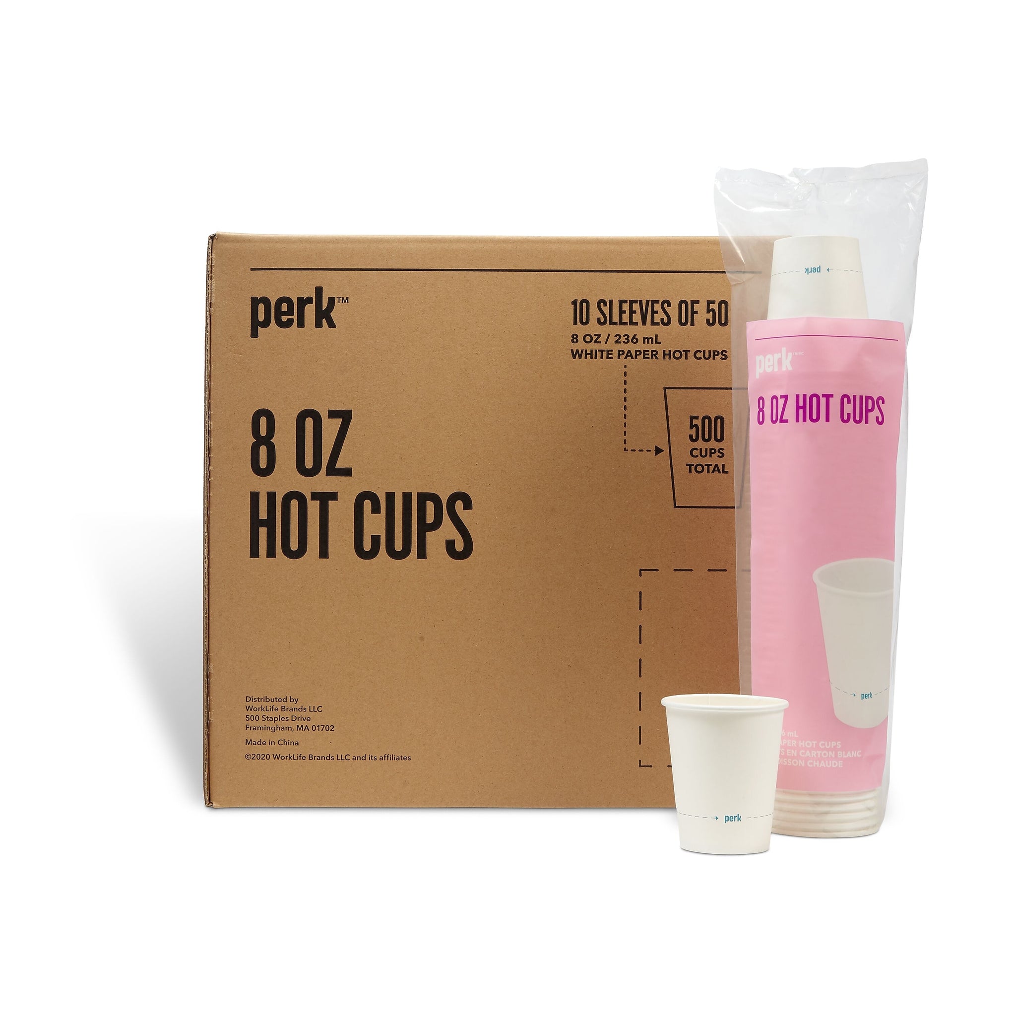 Perk™ Paper Hot Cups, 8 oz., White, 50/Sleeve, 10 Sleeves/Carton