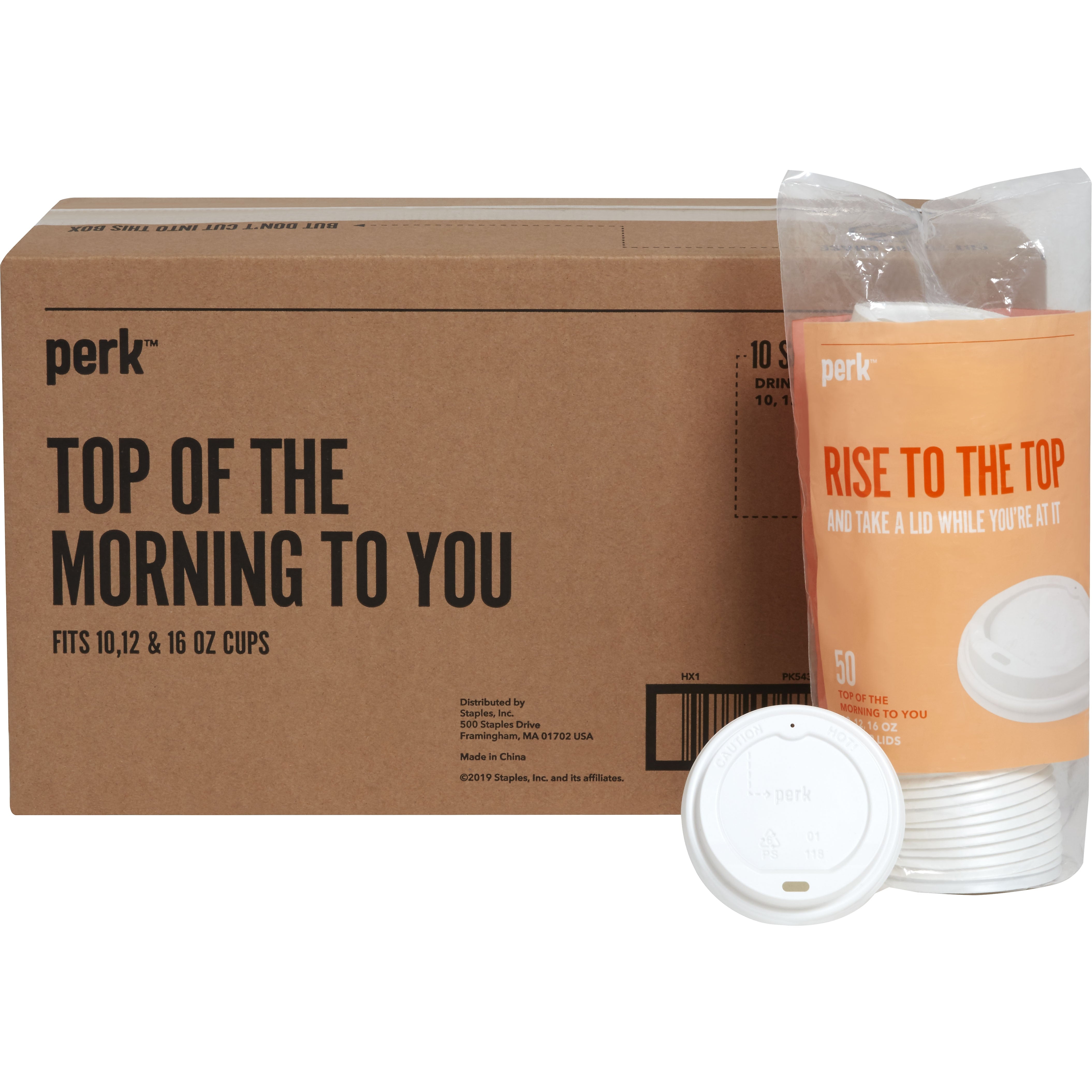 Perk™ Plastic Hot Cup Lid, 10/12/16 Oz., White, 500/Carton