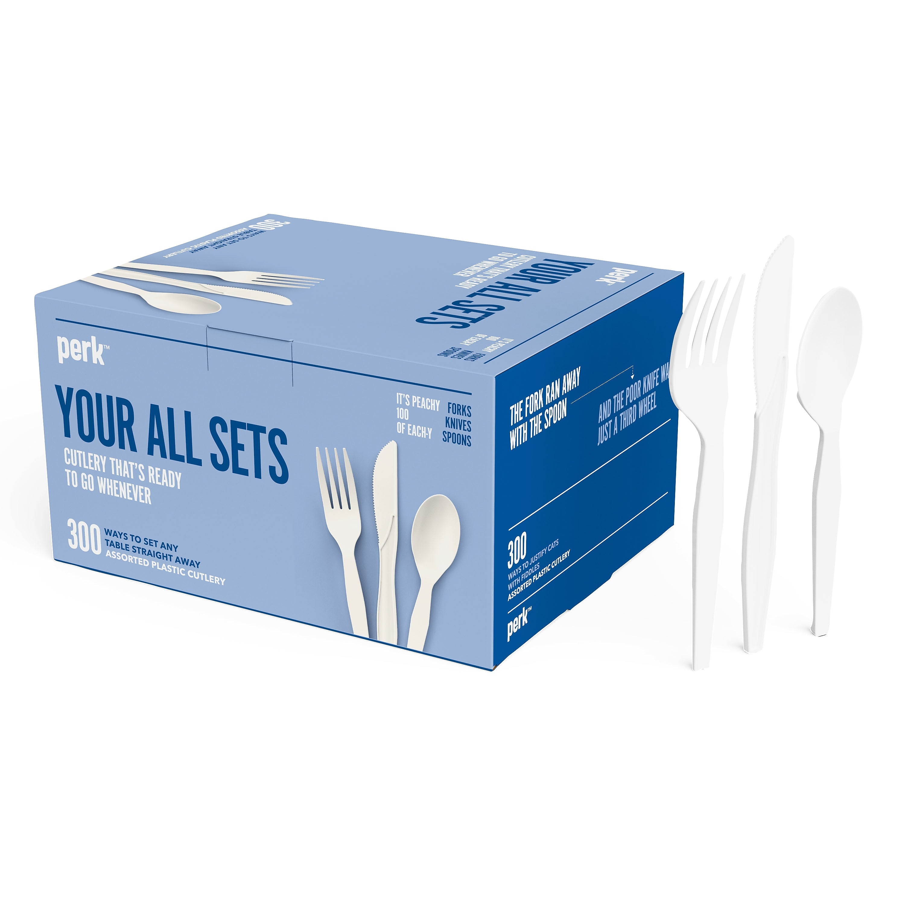 Perk™ Polystyrene Assorted Cutlery, Medium-Weight, White, 300/Pack