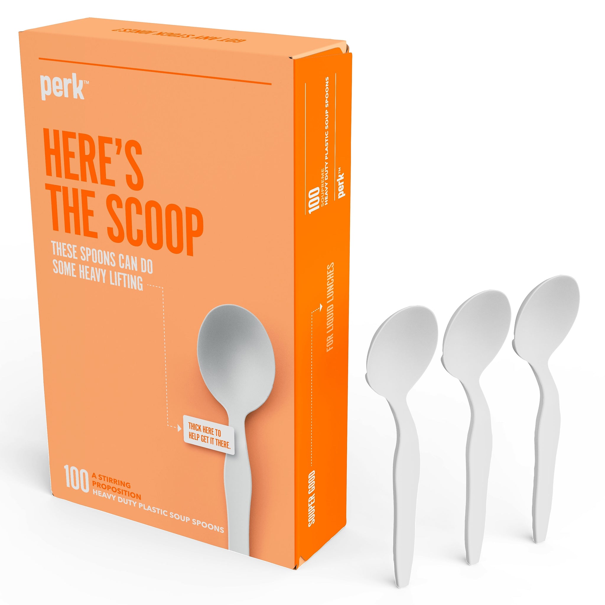 Perk™ Polystyrene Soup Spoon, Heavy-Weight, White, 100/Pack