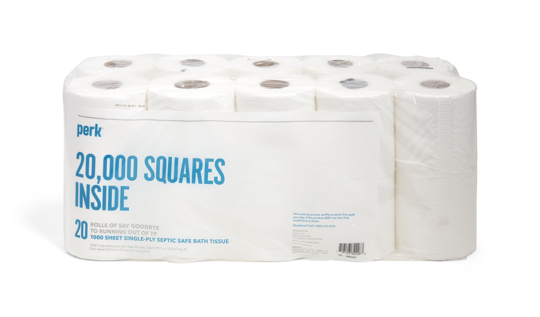Perk™ Septic Safe Toilet Paper, 1-ply, White, 1000 Sheets/Roll, 20 Rolls/Pack