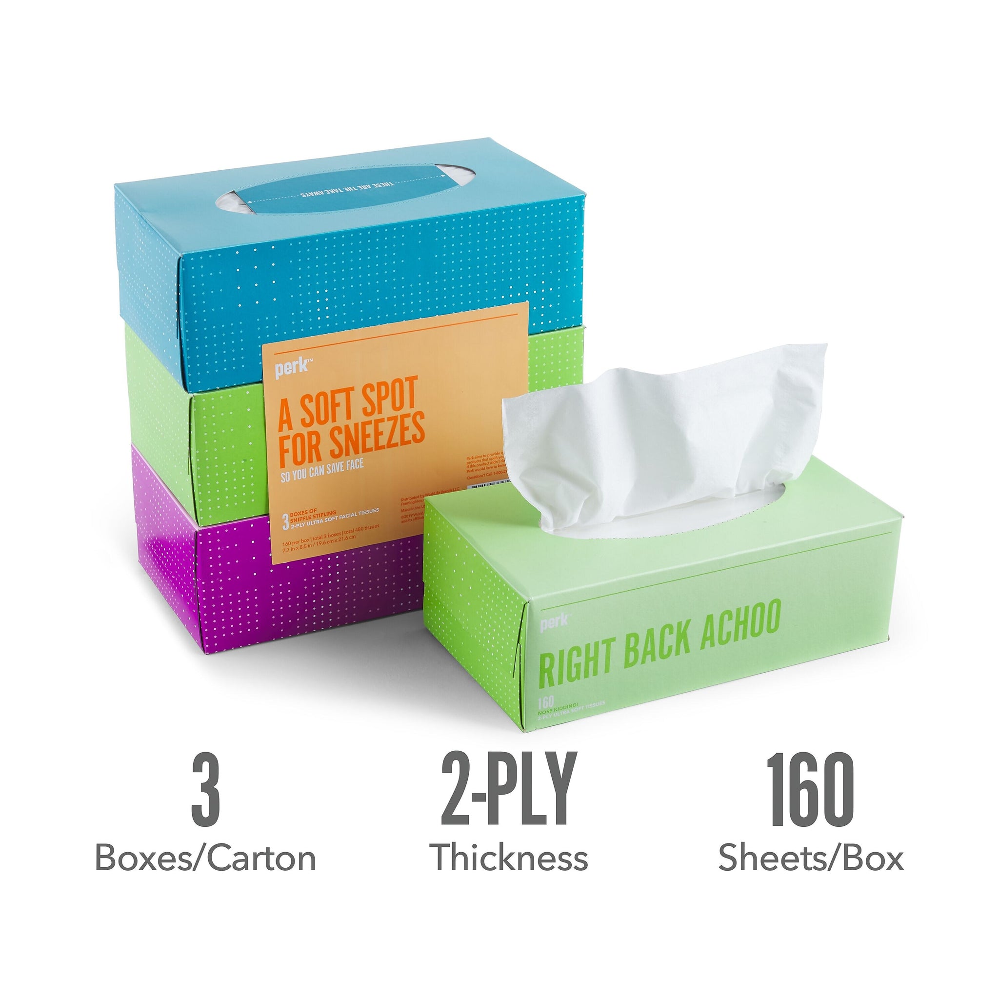 Perk™ Ultra Soft Standard Tissue, 2-Ply, 160 Sheets/Box, 3 Boxes/Pack