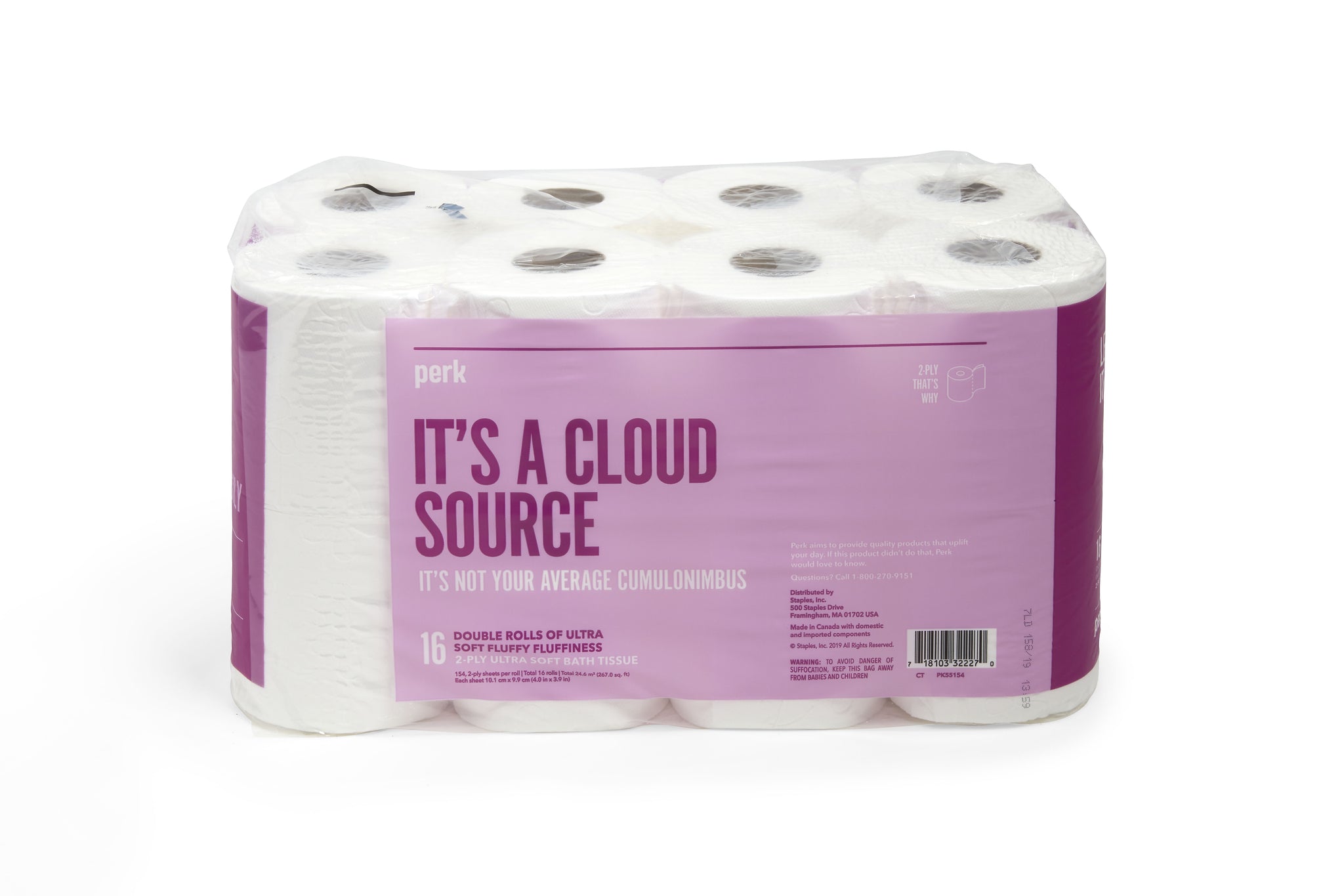 Perk™ Ultra Soft Toilet Paper, 2-ply, White, 154 Sheets/Roll, 16 Rolls/Case