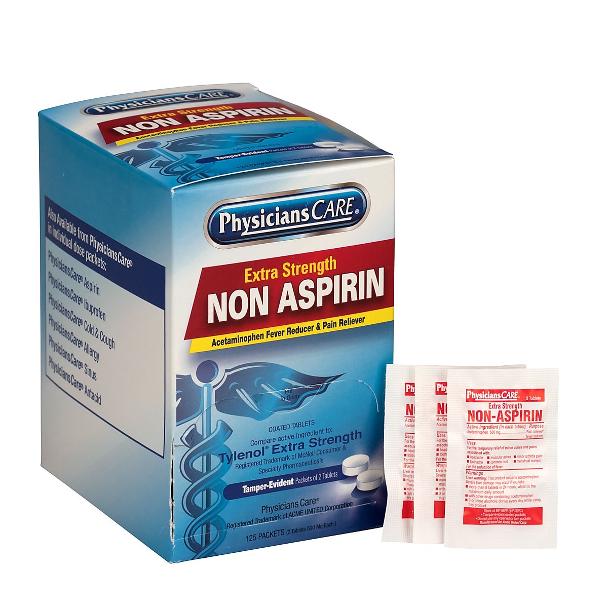 Physicians Care Extra Strength Non-Aspirin 500 Milligrams Acetaminophen Pain Reliever Tablet, 2/Packet, 125 Packets/Box