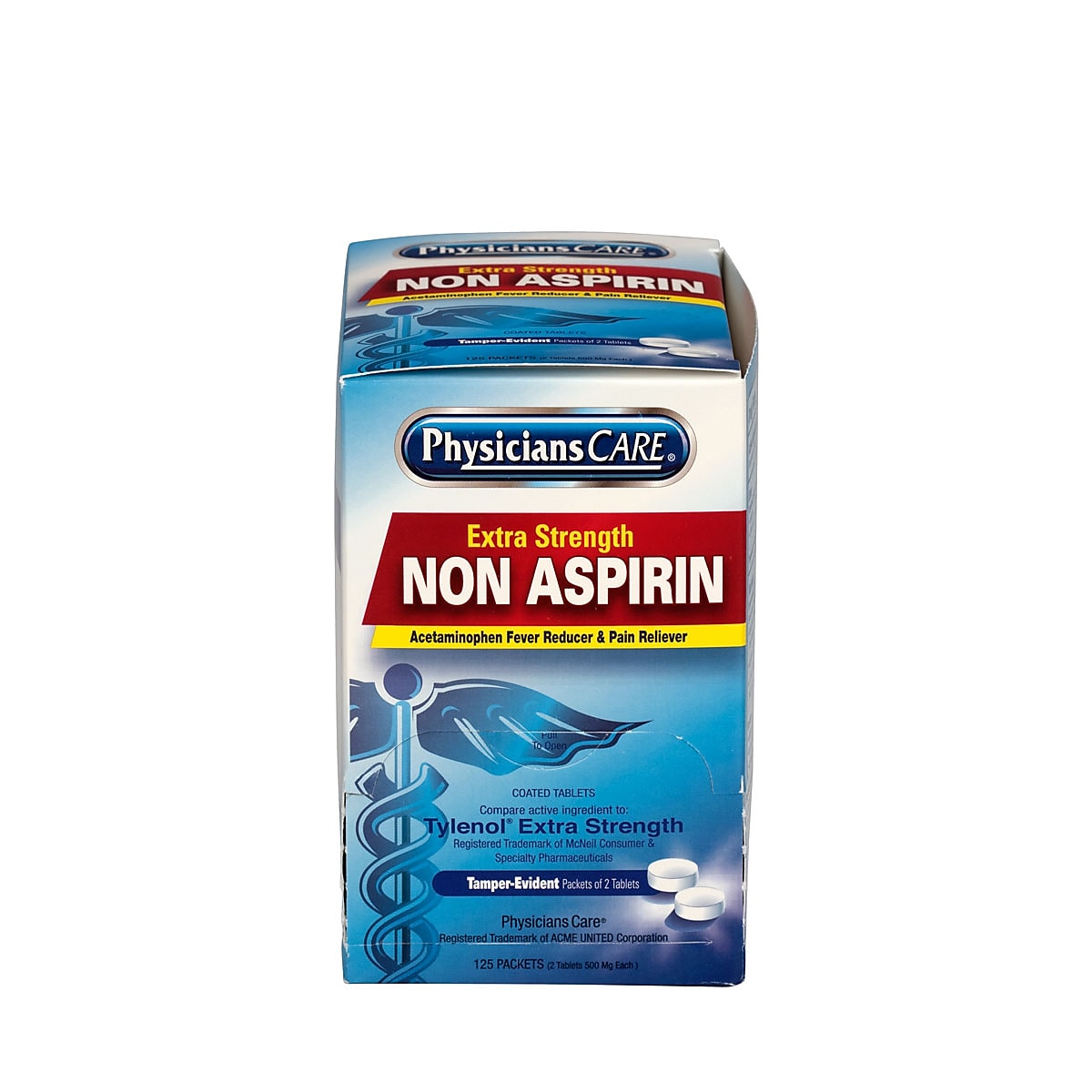 Physicians Care Extra Strength Non-Aspirin 500 Milligrams Acetaminophen Pain Reliever Tablet, 2/Packet, 125 Packets/Box
